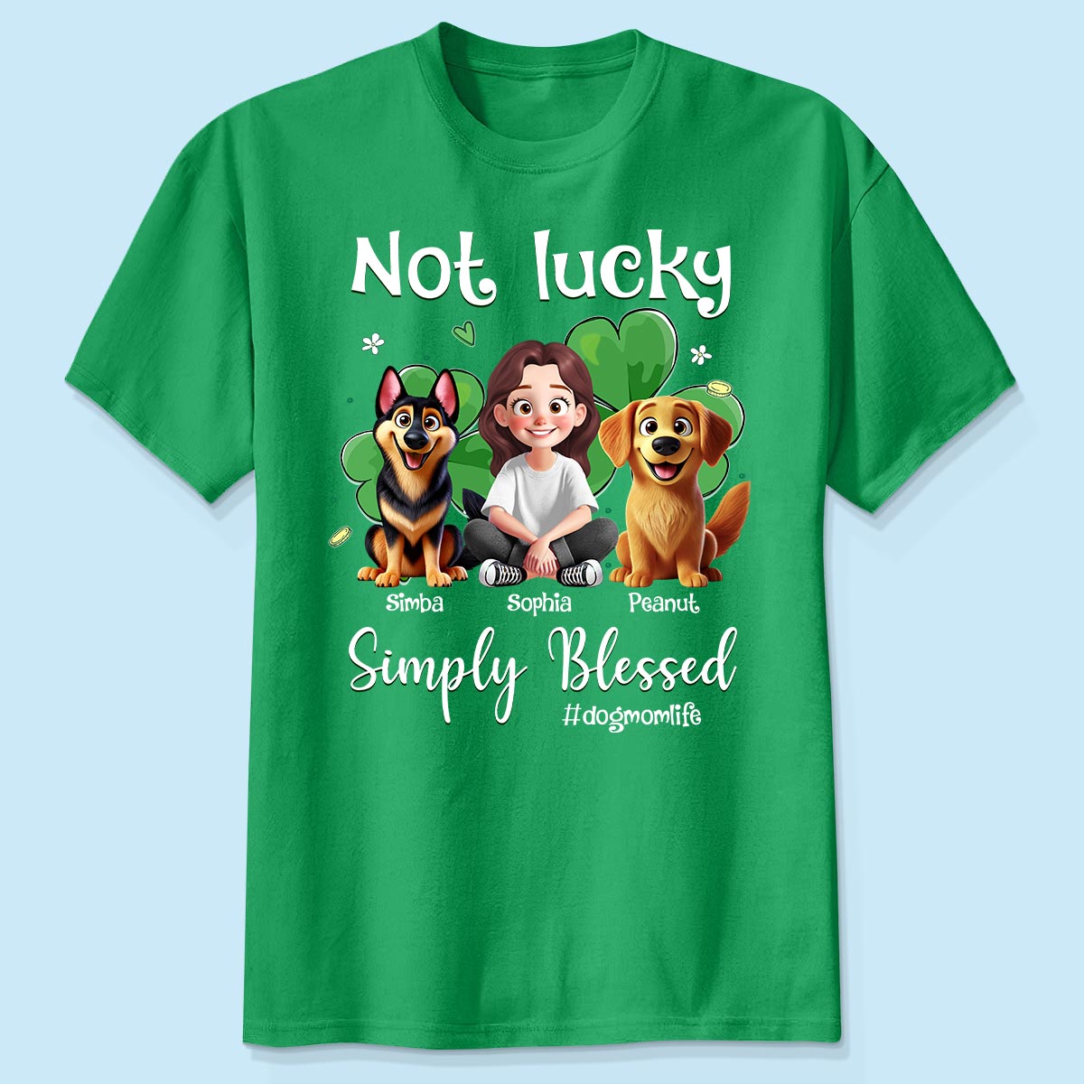 Pas Chanceuse Simplement Bénie Vie de Maman de Chien Dessin Animé Femme & Chiens Jour de la Saint-Patrick T-Shirt Personnalisé — Blanc