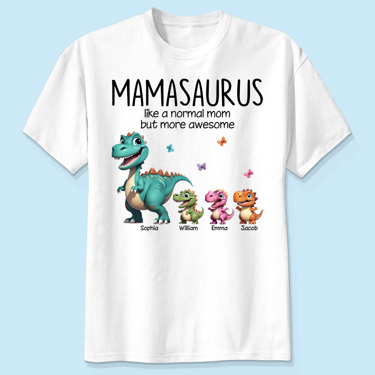 T-shirt personnalisé effet 3D dinosaures Mamasaurus et enfants, Cadeau pour l'anniversaire de maman, Fête des mères ou tout simplement — Blanc