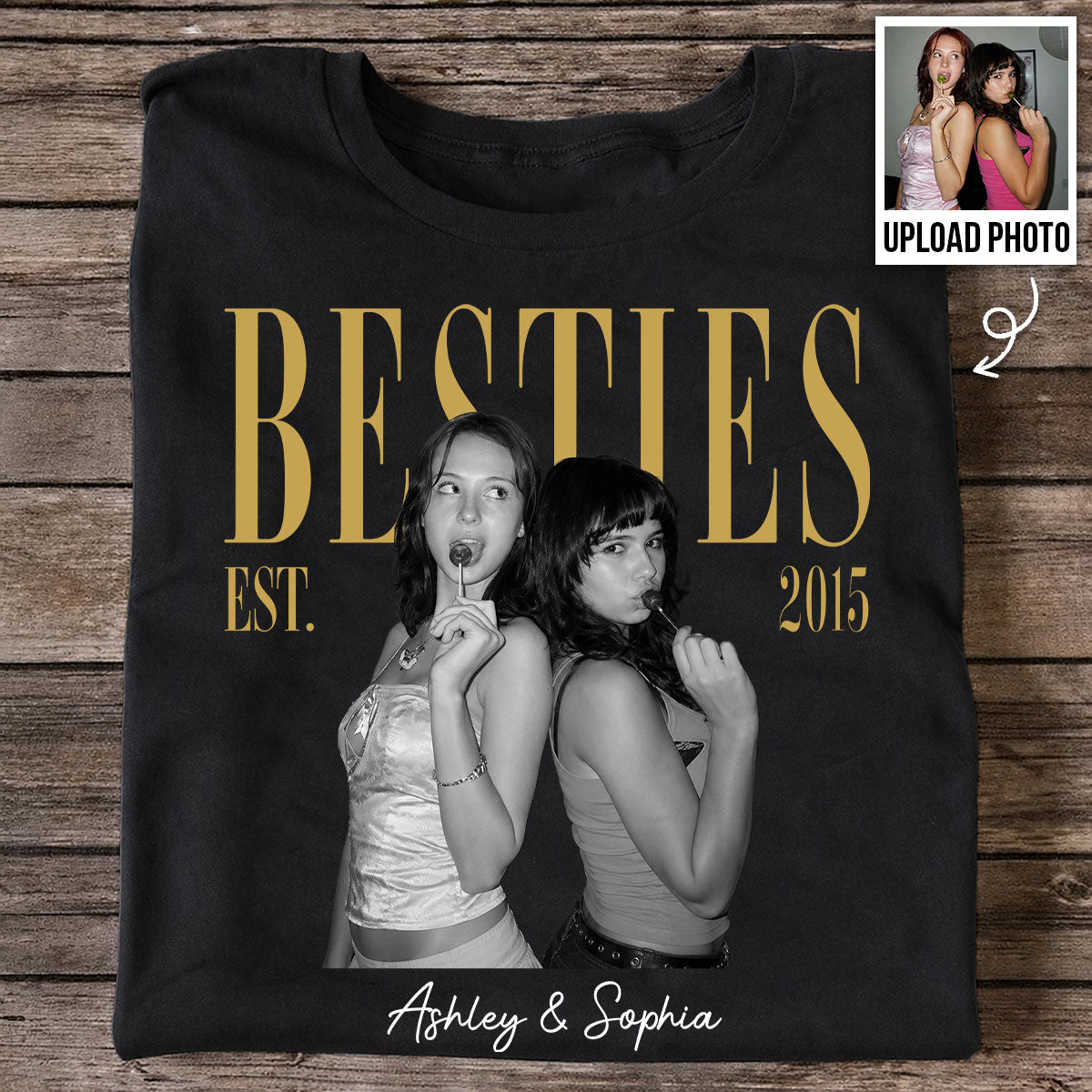 Vintage Rétro Meilleures Amies Import Photo - T-shirt Personnalisé - Cadeau d'Anniversaire Pour Meilleures Amies, T-shirt Assorti Pour Groupe d'Amis — Noir