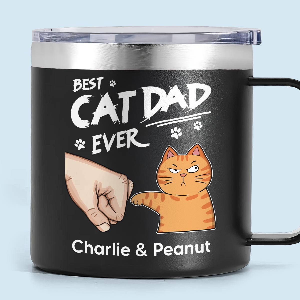 Meilleur Papa Chat de Tous les Temps Coup de Poing Gobelet en Acier Inoxydable Personnalisé Avec Anse, Cadeau d'Anniversaire Pour Amoureux de Chats, Cadeau Fête des Pères ou Juste Pour le Plaisir — Noir