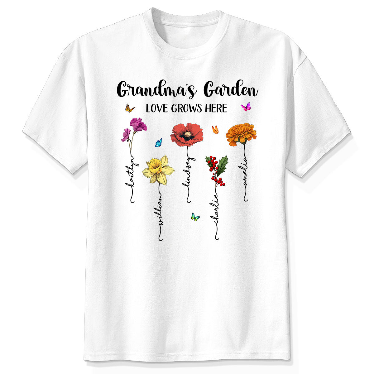 Jardin de Mamie L'amour Grandit Ici Magnifique Fleur du Mois de Naissance Cadeau de la Fête des Mères Pour Mamie Maman T-shirt Personnalisé — Blanc