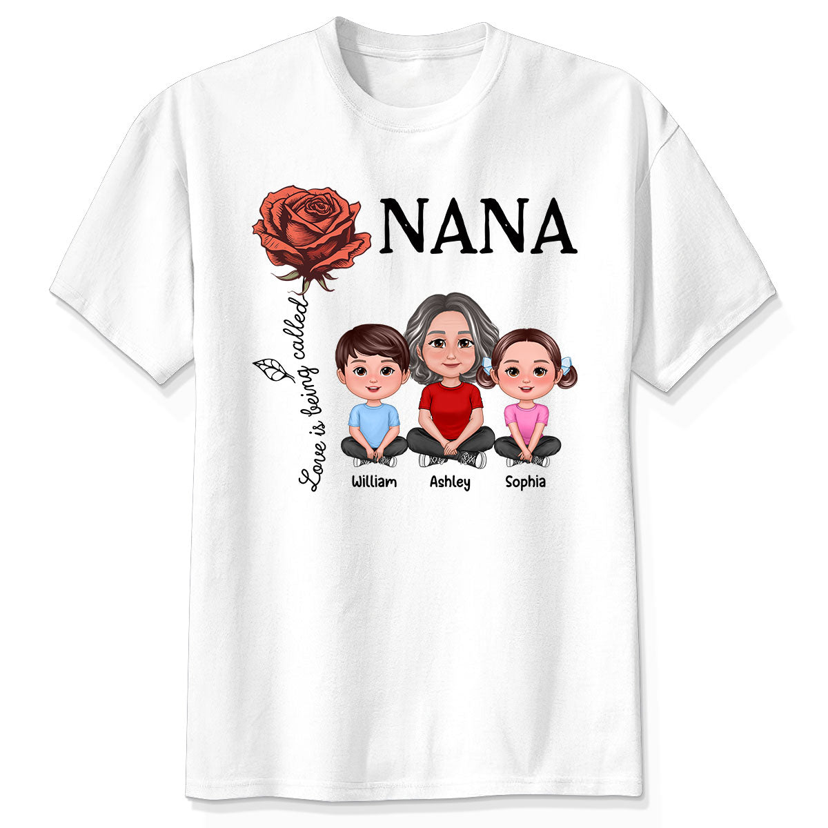 L'amour c'est d'être appelée Mamie Fleur du mois de naissance T-shirt personnalisé — Blanc