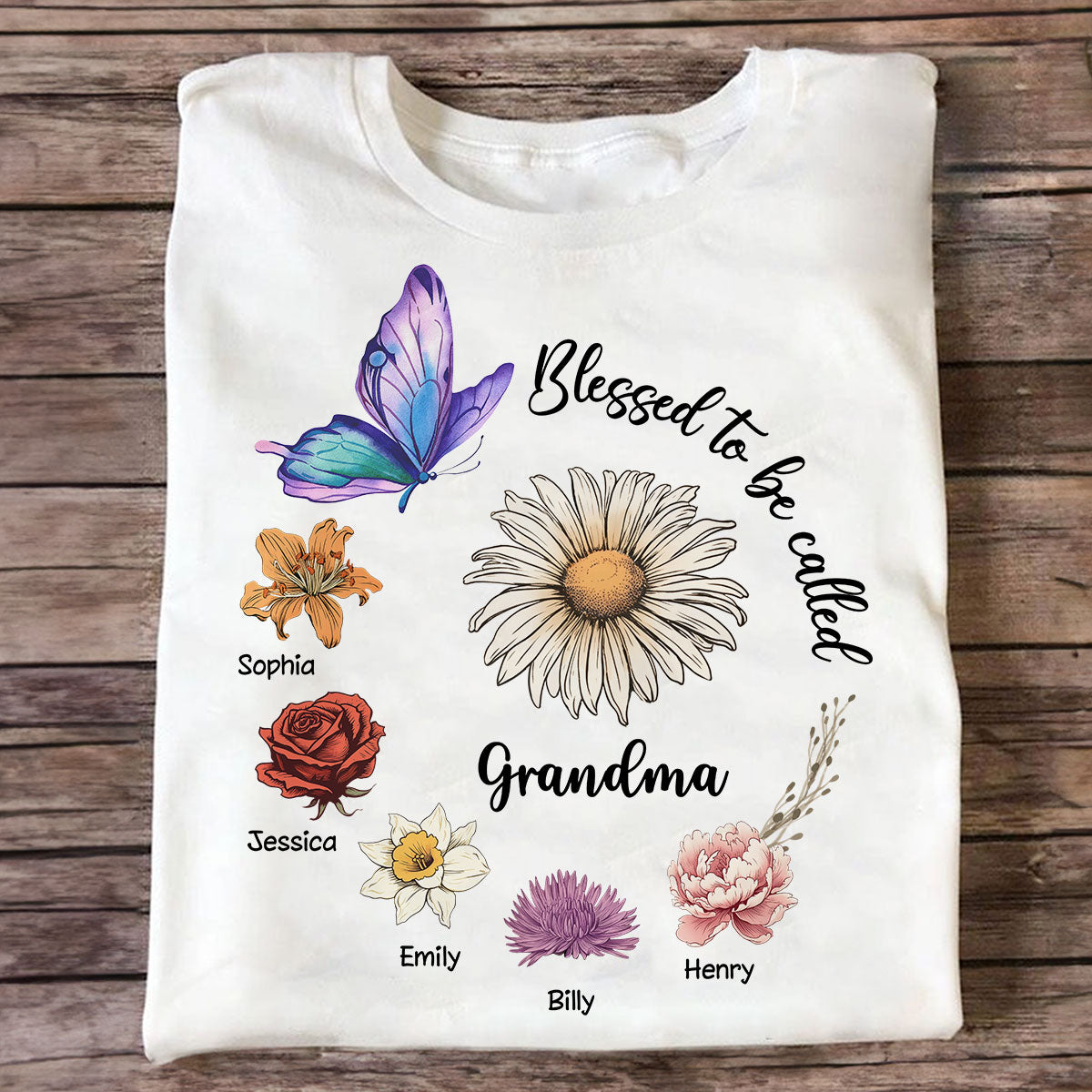 Béni d'être appelé Maman Mamie Cercle Fleurs du Mois de Naissance T-shirt Personnalisé, Cadeau pour Mamans, pour Mamies — Blanc