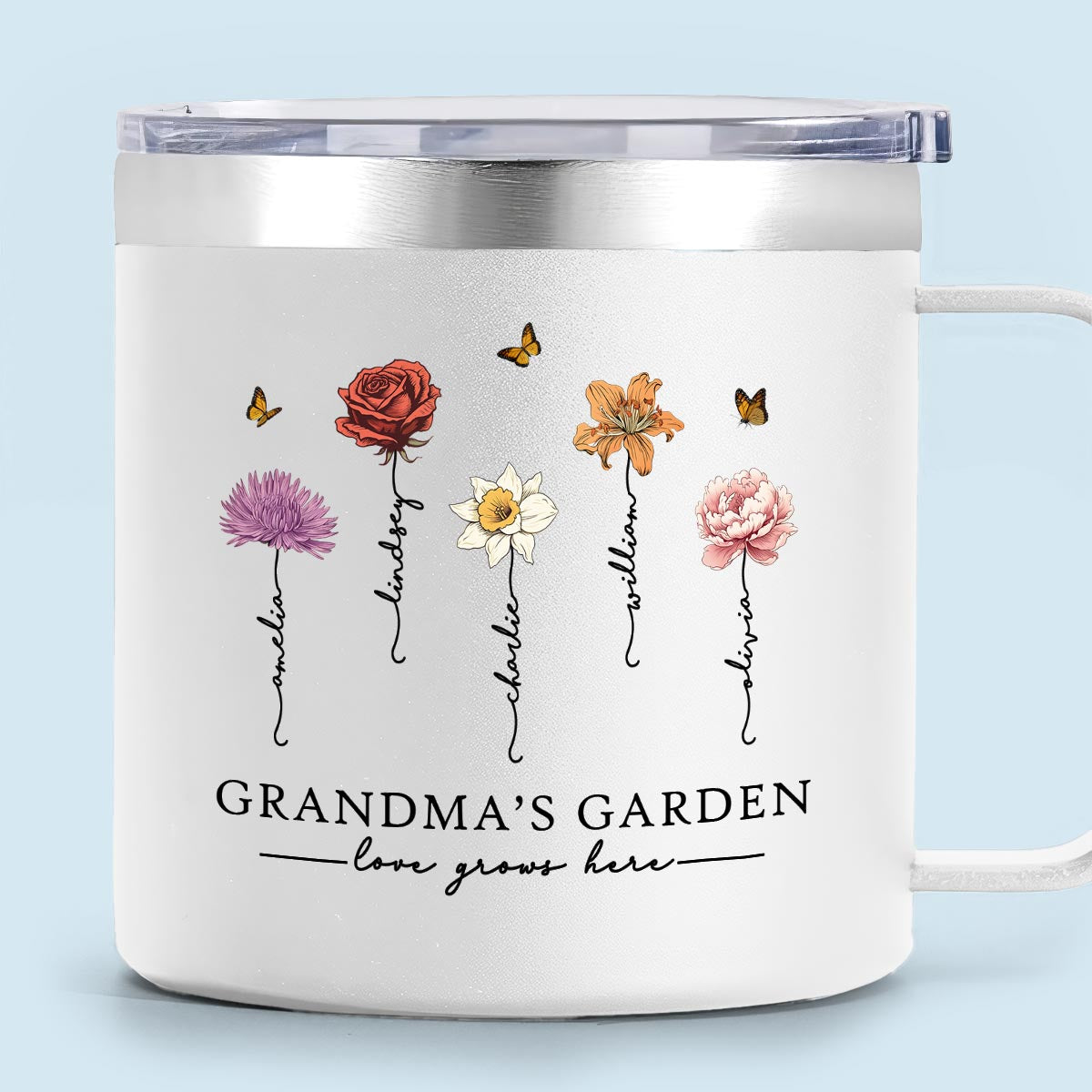 Jardin de Mamie L'amour grandit ici Belle fleur du mois de naissance Tumbler en acier inoxydable personnalisé avec poignée — Blanc