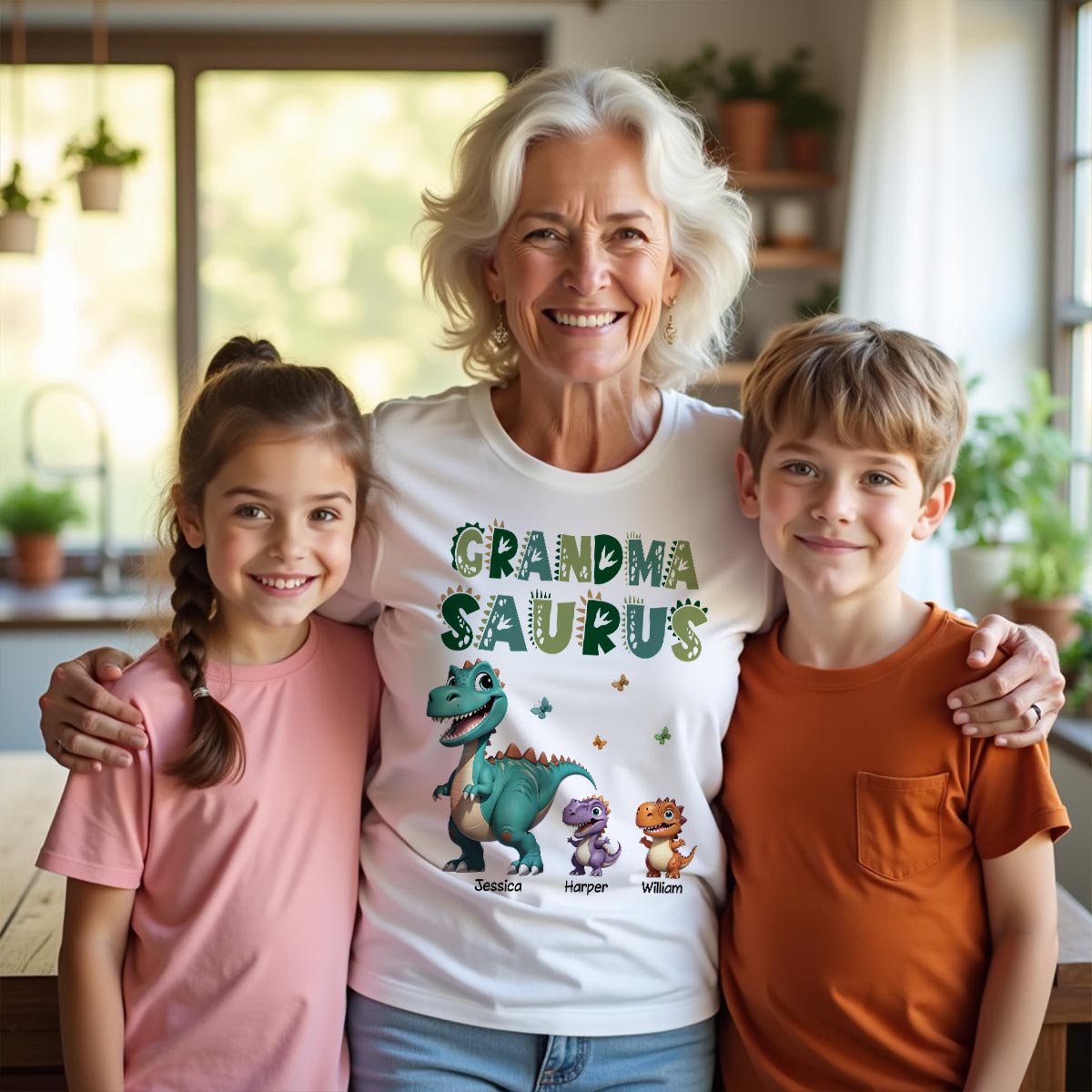 T-Shirt Personnalisé Dinosaures Mignons Grandmasaurus Mamasaurus Effet 3D | Cadeau de Remerciement, Cadeau d'Anniversaire Pour Maman, Mamie — Blanc
