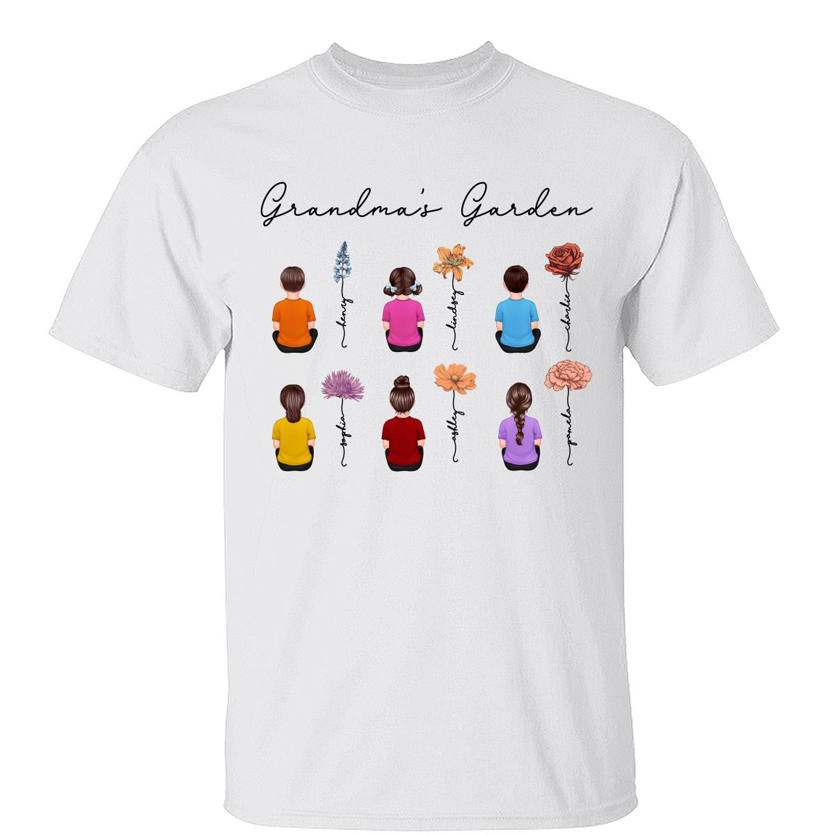 Petits-Enfants Assis Jardin De Grand-Mère Vintage Fleurs Du Mois De Naissance T-Shirt Personnalisé — Blanc