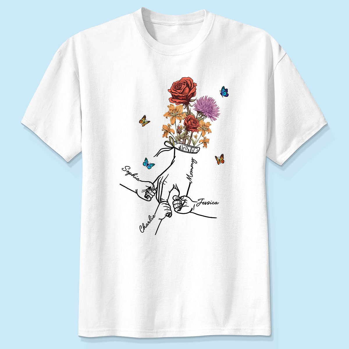 T-shirt Personnalisé Maman Et Grand-mère Se Tenant La Main Fleurs Du Mois De Naissance — Blanc