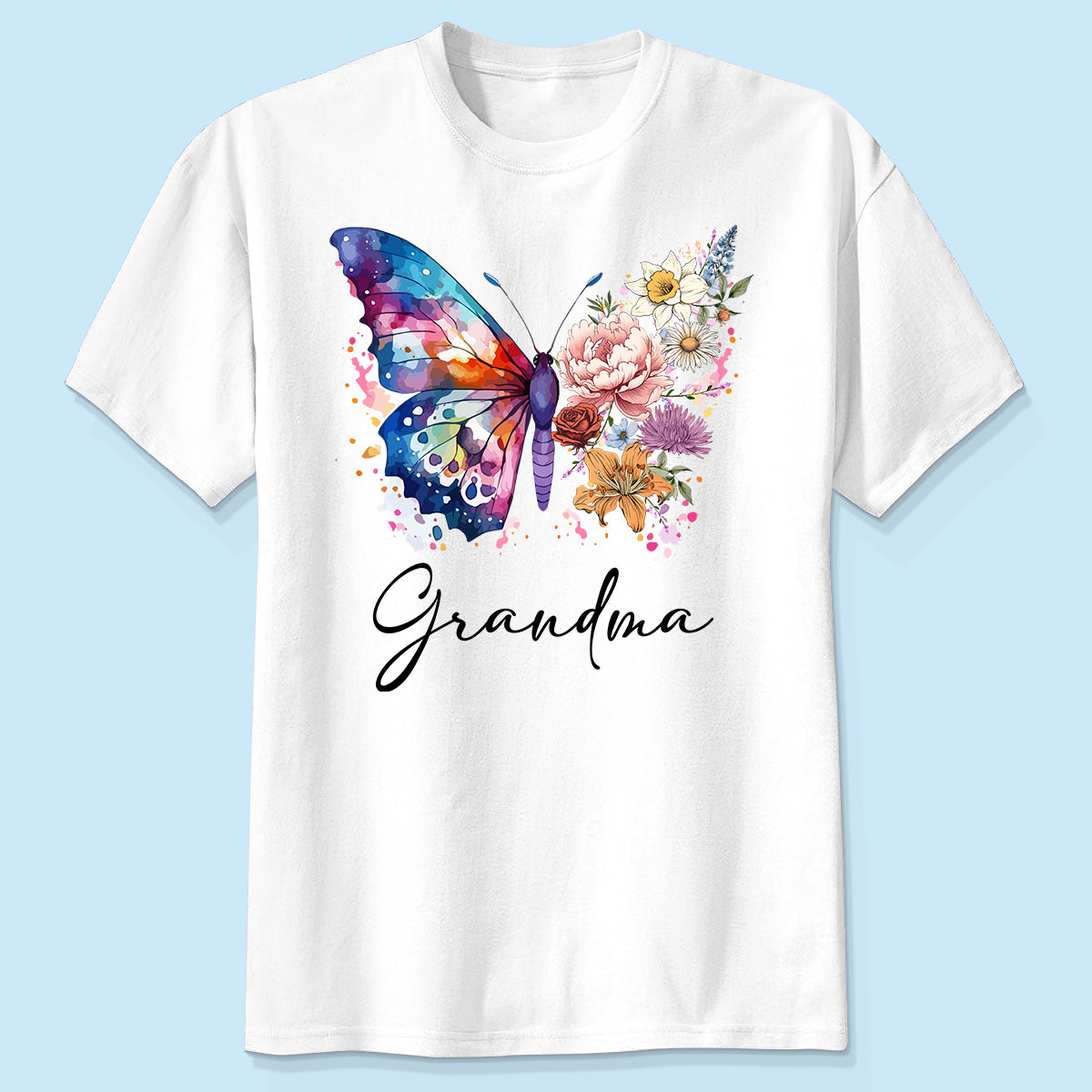 奶奶妈妈半蝴蝶生日月花朵定制衬衫 — 白色