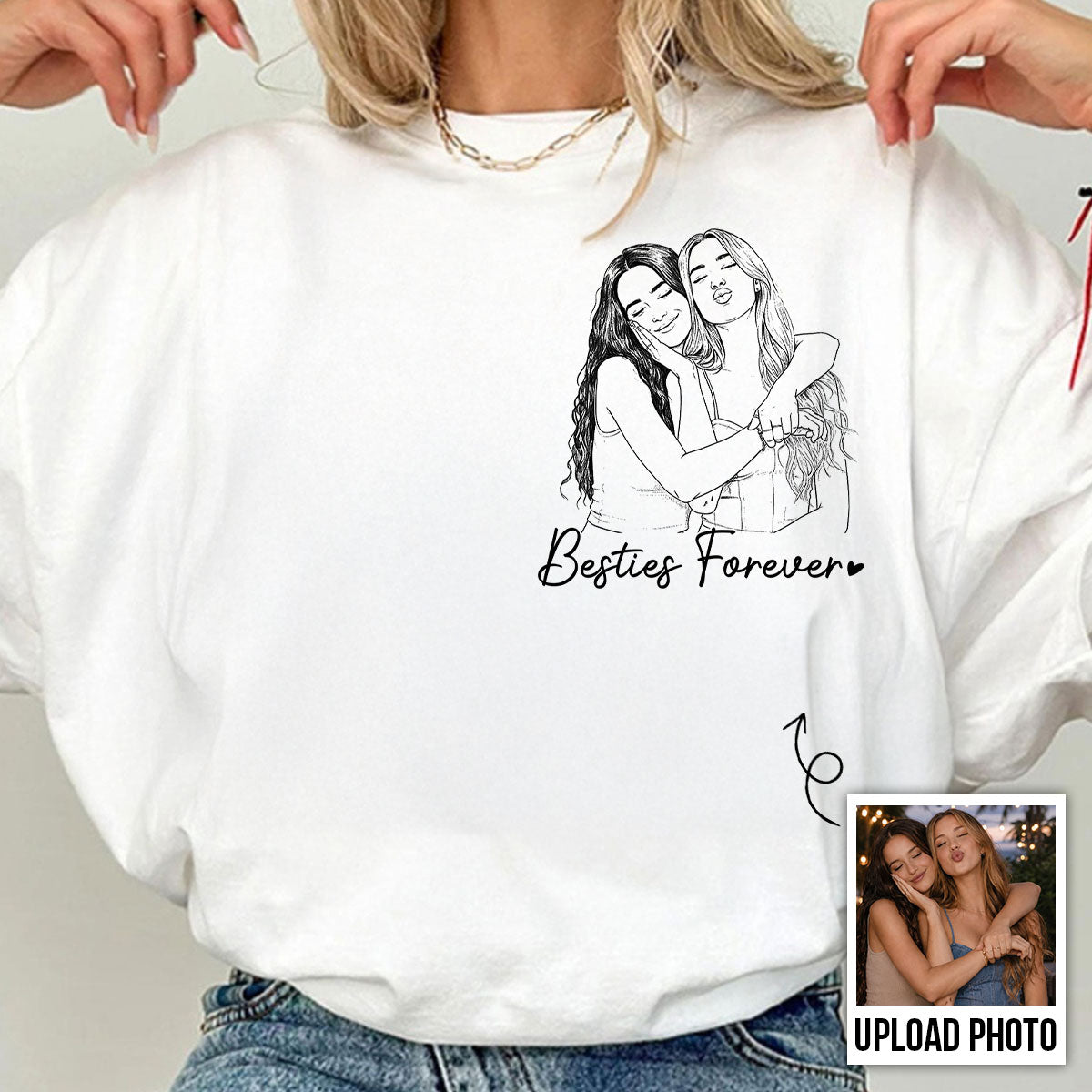 Style Croquis Meilleures Amies Pour Toujours Photo Personnalisée - T-shirt Personnalisé - Cadeau d'Anniversaire, Cadeau pour Meilleurs Amis — Blanc