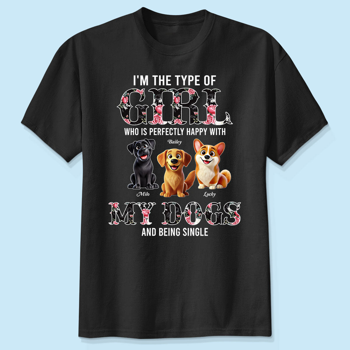 Parfaitement heureux avec les chiens et célibataire chien mignon cartoon réaliste t-shirt personnalisé, cadeau d'anniversaire pour propriétaire de chien, amoureux des chiens — Noir