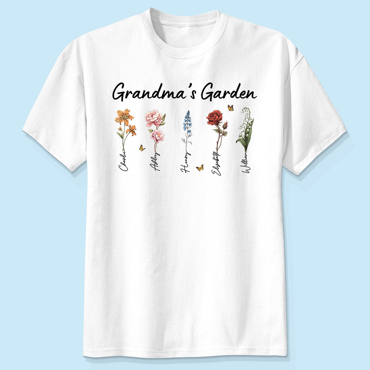 T-shirt Personnalisé Jardin de Mamie Fleur du Mois de Naissance Vintage, Cadeau Touchant pour Mamie, Maman, Tante — Blanc