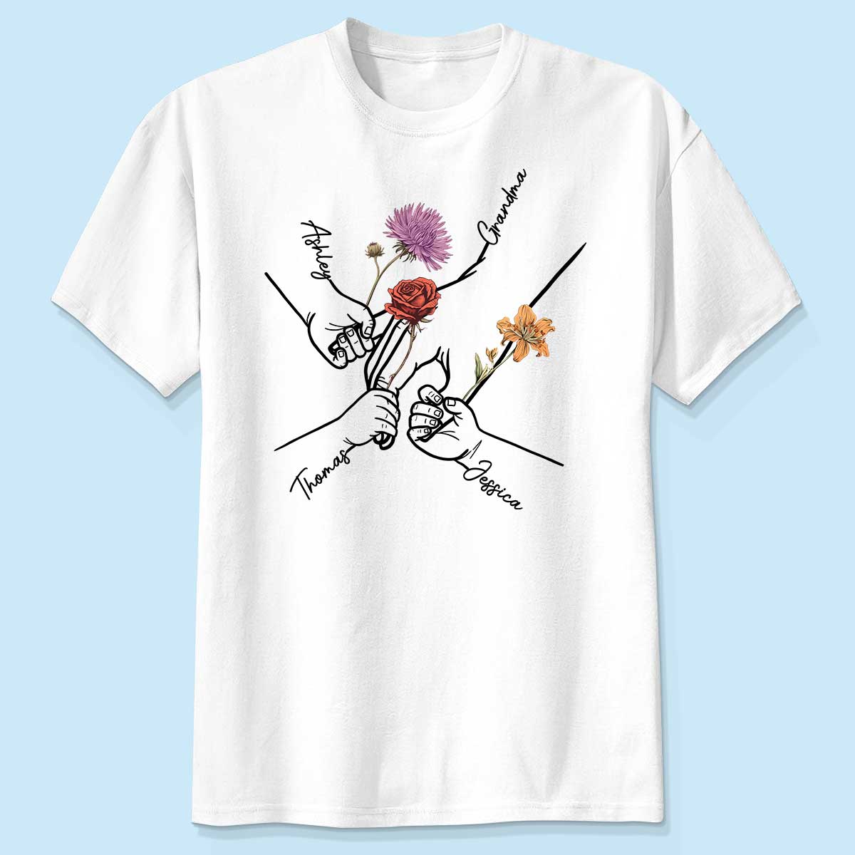 T-shirt Personnalisé Enfants Tenant la Main de Mamie Maman Fleurs du Mois de Naissance — Blanc