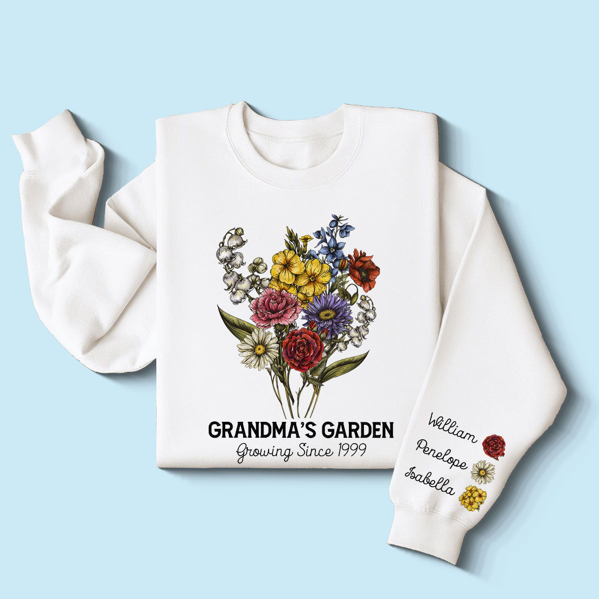 Grandma's Garden Beau Bouquet de Fleurs Vintage du Mois de Naissance Sweat-shirt Imprimé Personnalisé sur les Manches — Blanc