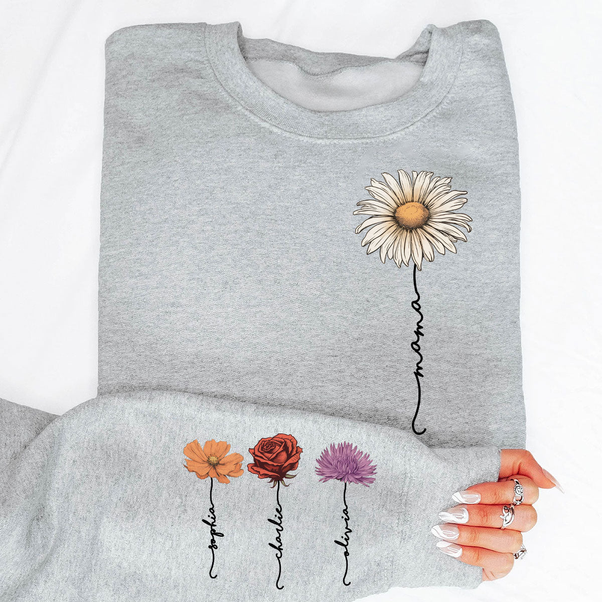 Maman Maman Grand-mère Fleur du mois de naissance Sweat-shirt imprimé personnalisé aux manches — Gris Sport