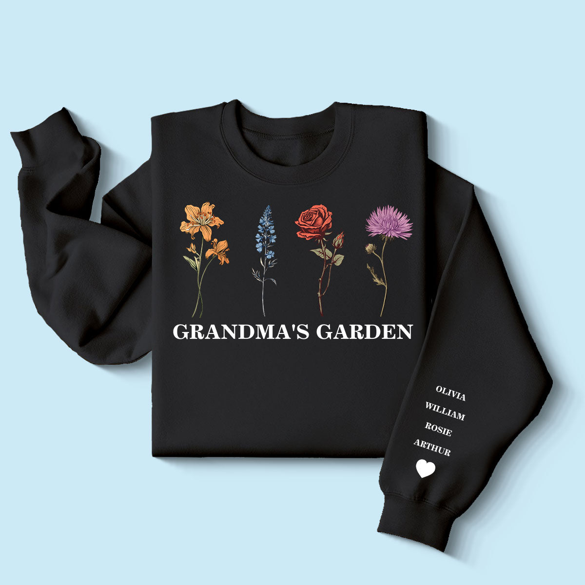 Sweat-shirt Personnalisé Mois de Naissance Pull Fleur de Naissance, Jardin de Grand-mère — Noir