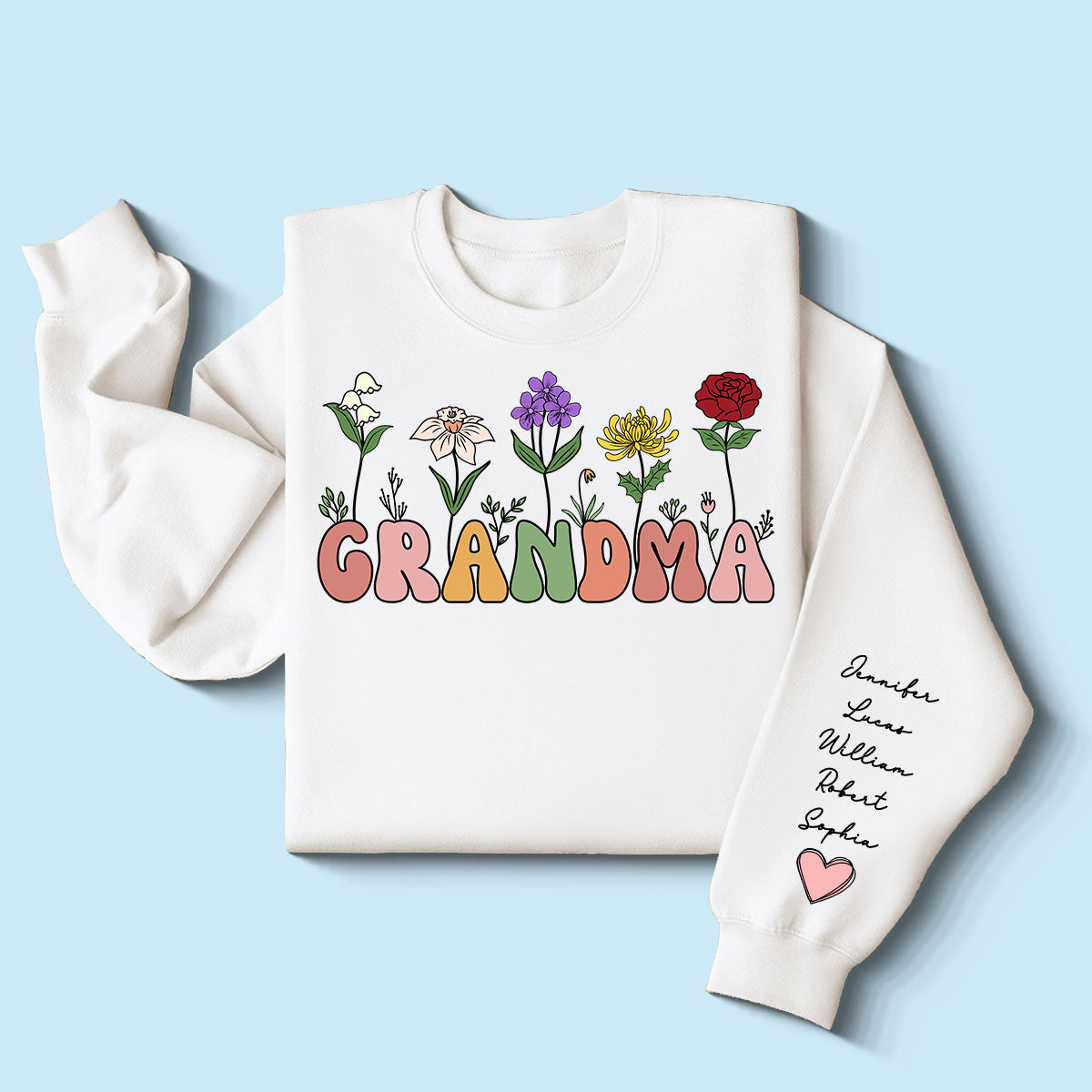 Cadeau Mamie Rétro Fleur du Mois de Naissance Sweat-shirt Personnalisé à Manches Imprimées — Blanc