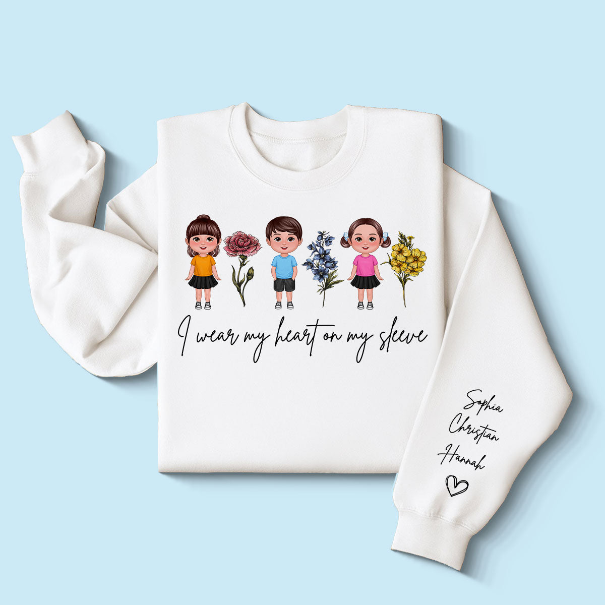 Je Porte Mes Cœurs Sur Ma Manche Fleur Du Mois De Naissance Sweat-shirt Personnalisé Avec Impression Sur La Manche — Blanc
