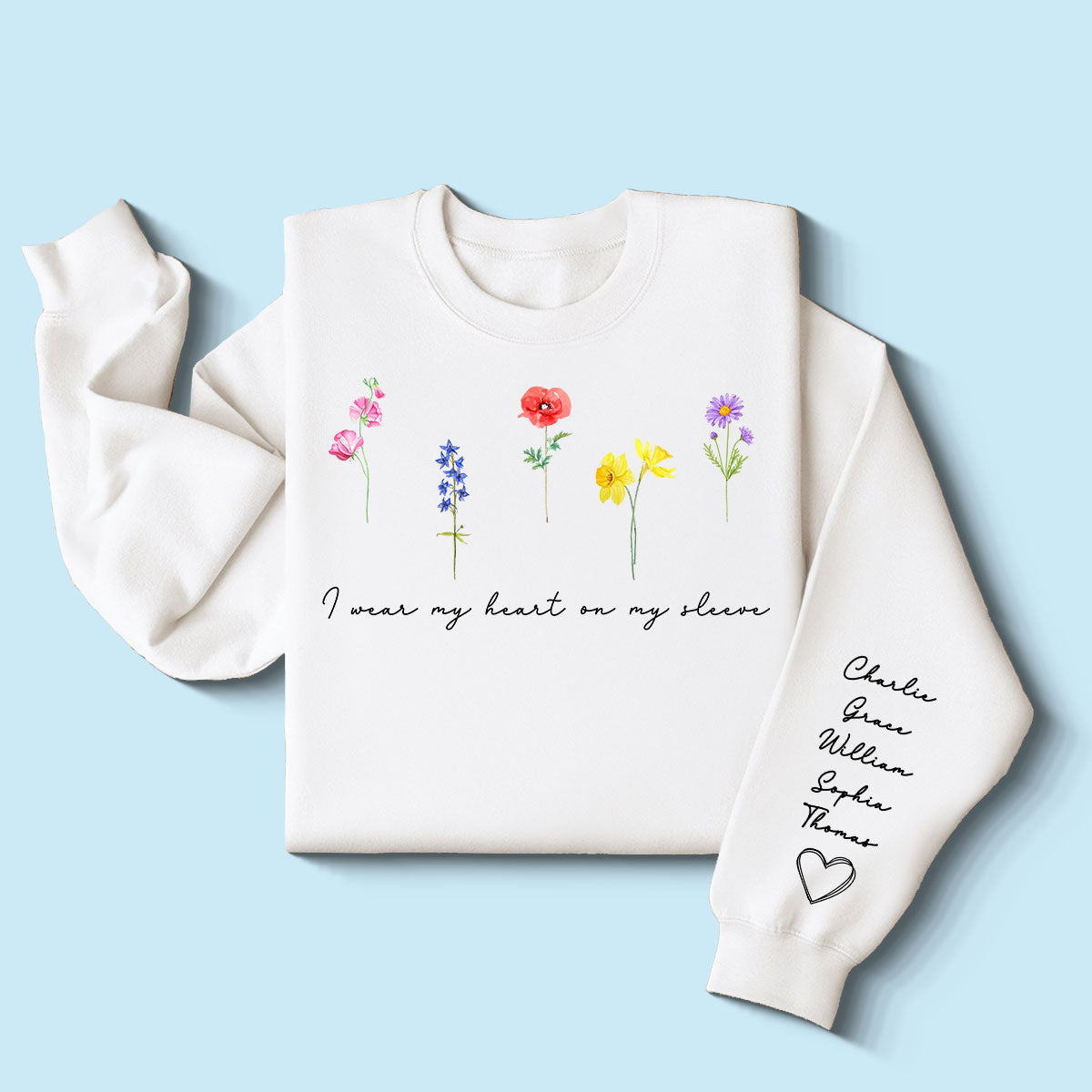Sweat-shirt personnalisé avec impression sur les manches Fleurs du mois de naissance aquarelle, Cadeau pour Maman Mamie Tante — Blanc