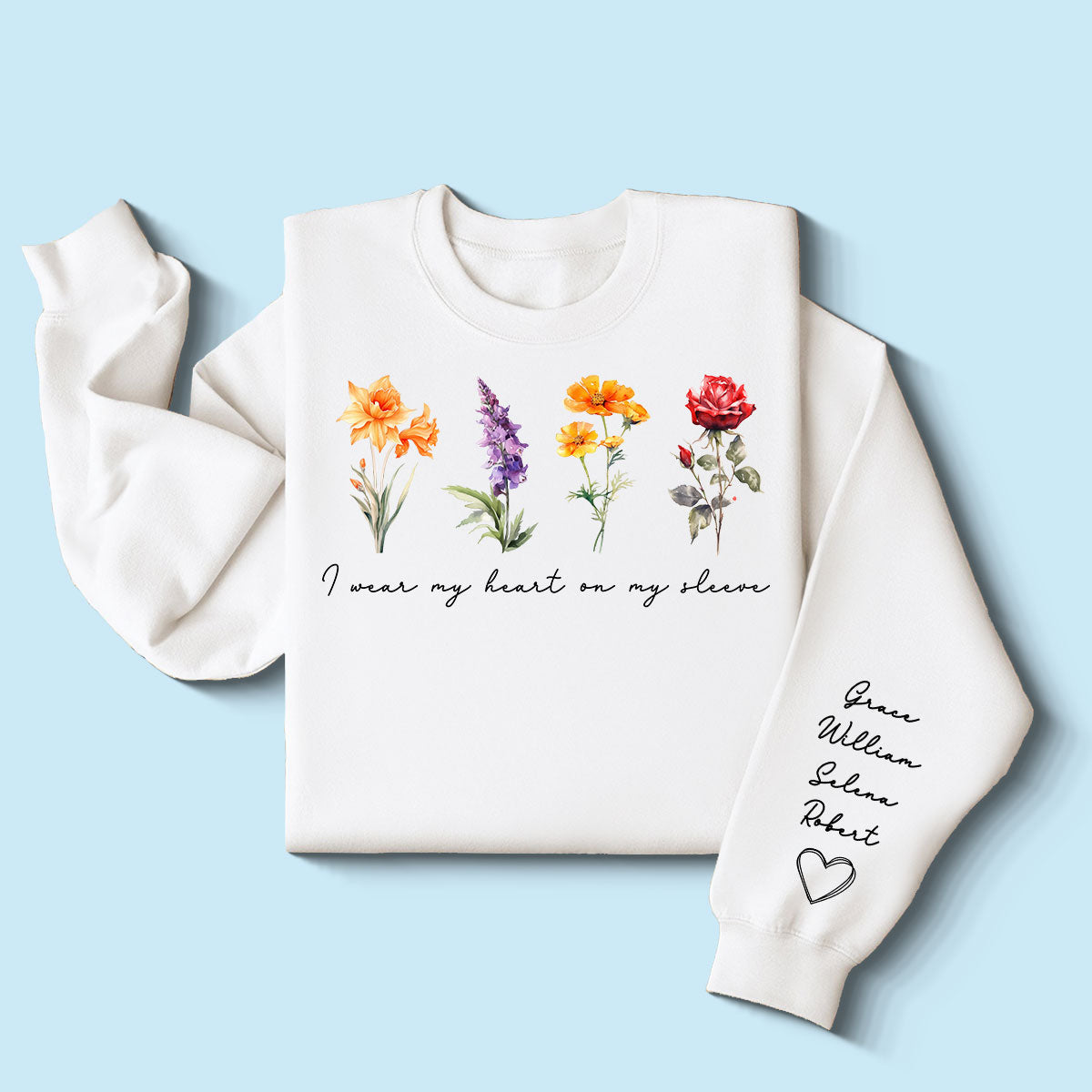 Belles Fleurs du Mois de Naissance Sweat-shirt Personnalisé avec Manches Imprimées, Cadeau Pour Maman Grand-mère Tante — Blanc