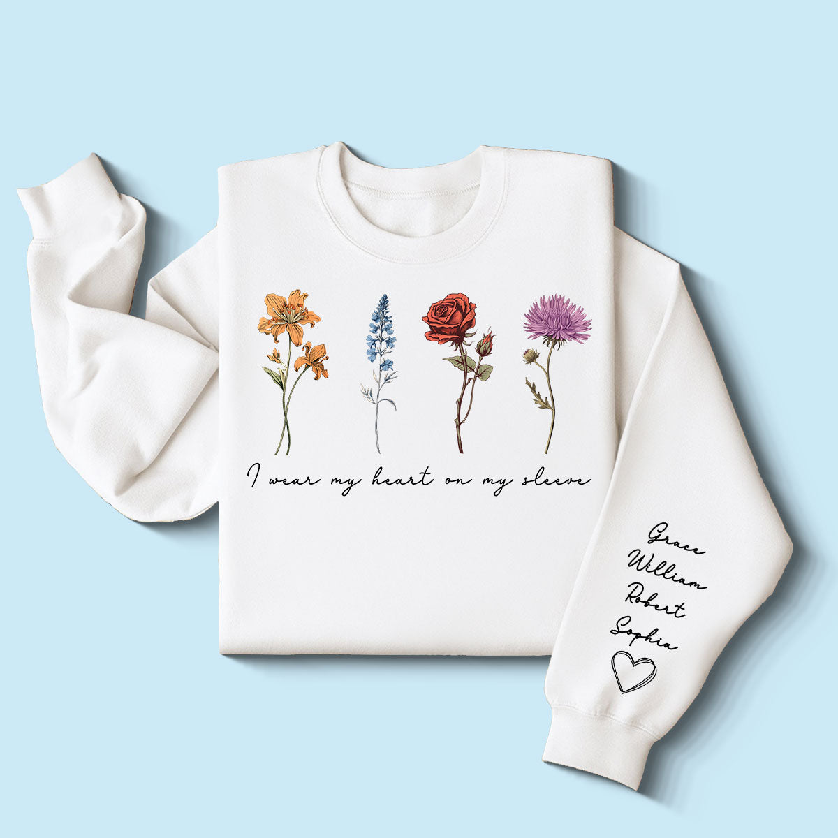 Sweat-shirt personnalisé à imprimé sur les manches Fleurs du mois de naissance vintage, Cadeau pour Maman Mamie Tante — Blanc