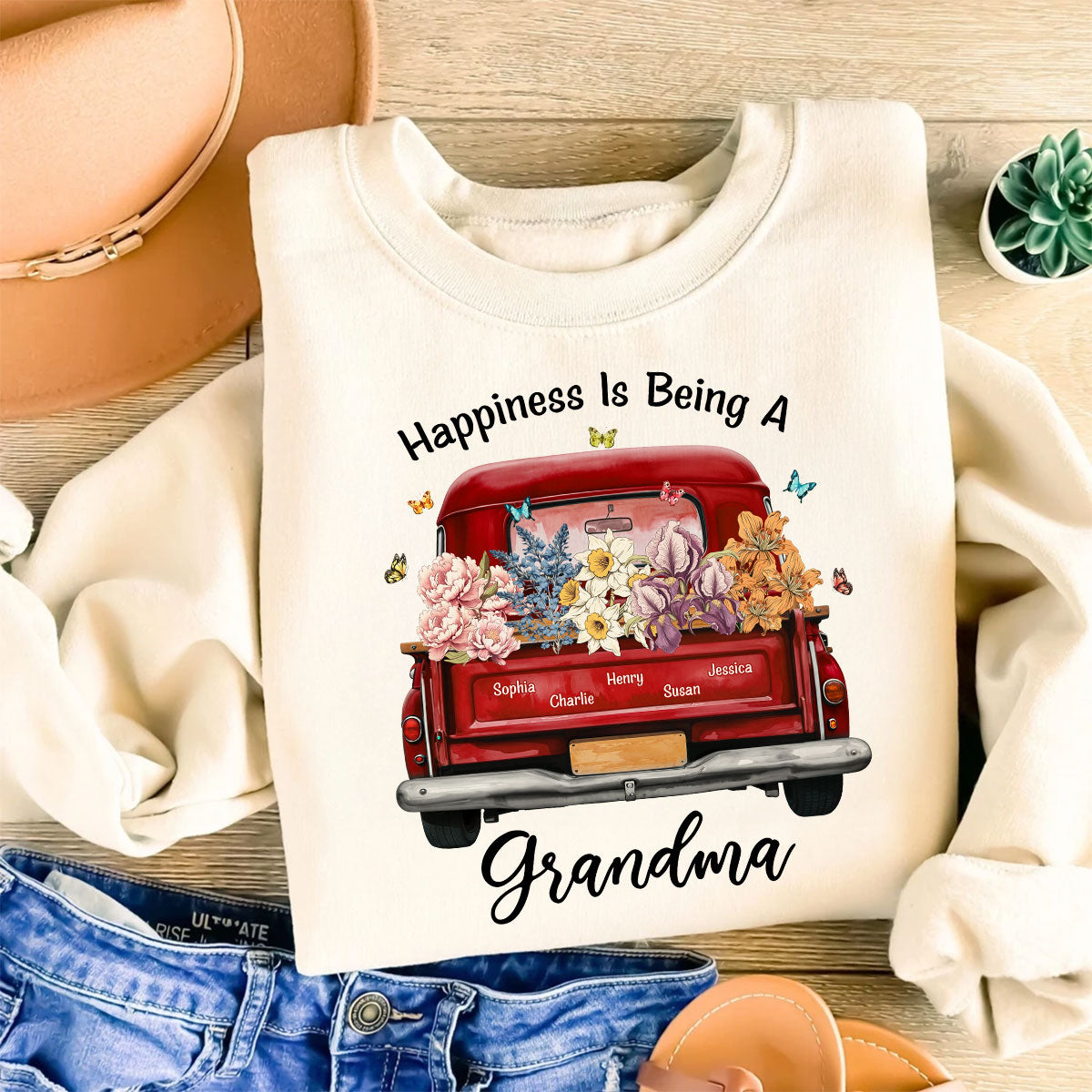 T-shirt personnalisé Le bonheur d'être maman et grand-mère Fleurs du mois de naissance Camion, cadeau de la Fête des mères pour les mamans et les grands-mères — Blanc