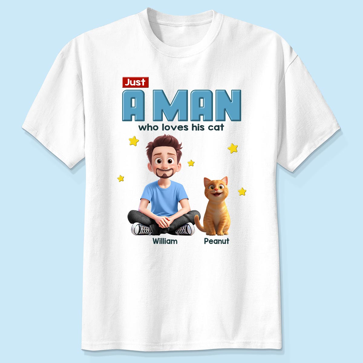 Juste Un Homme Qui Aime Son Chat Chats Cartoon Drôles T-Shirt Personnalisé, Cadeau D'Anniversaire, Cadeau Fête Des Pères Pour Papa Chat — Blanc