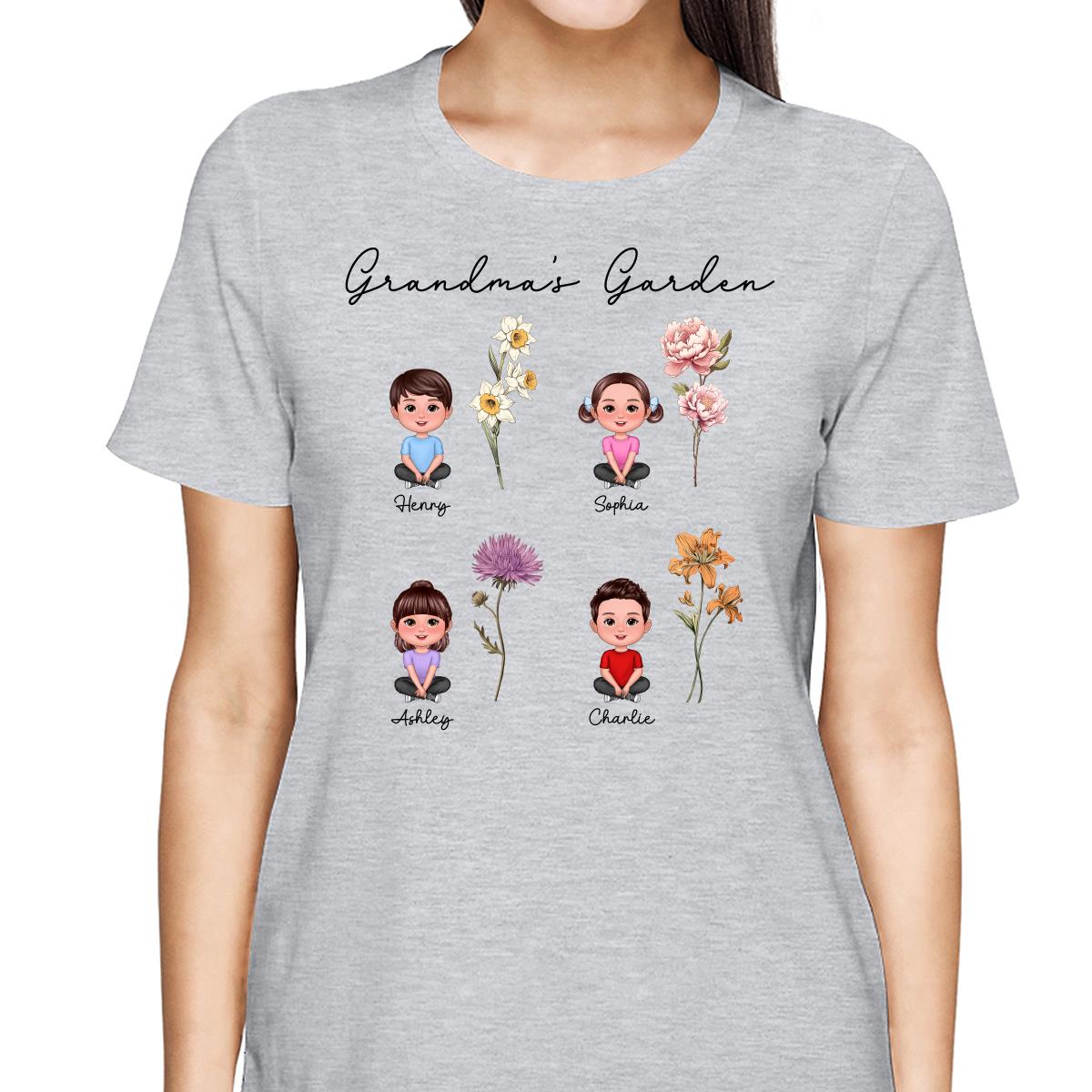 Petits-Enfants Assis en Tailleur Jardin de Grand-Mère Fleurs du Mois de Naissance Vintage T-shirt Personnalisé — Gris Sport