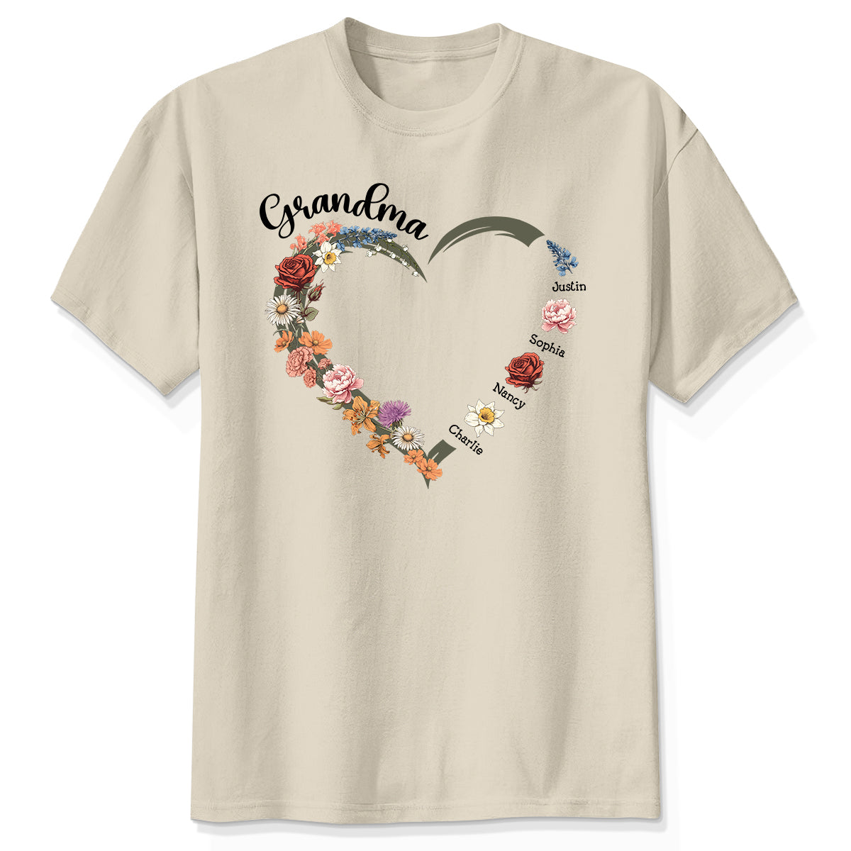T-shirt personnalisé Mamie Maman Cœur Fleurs du mois de naissance — Sable