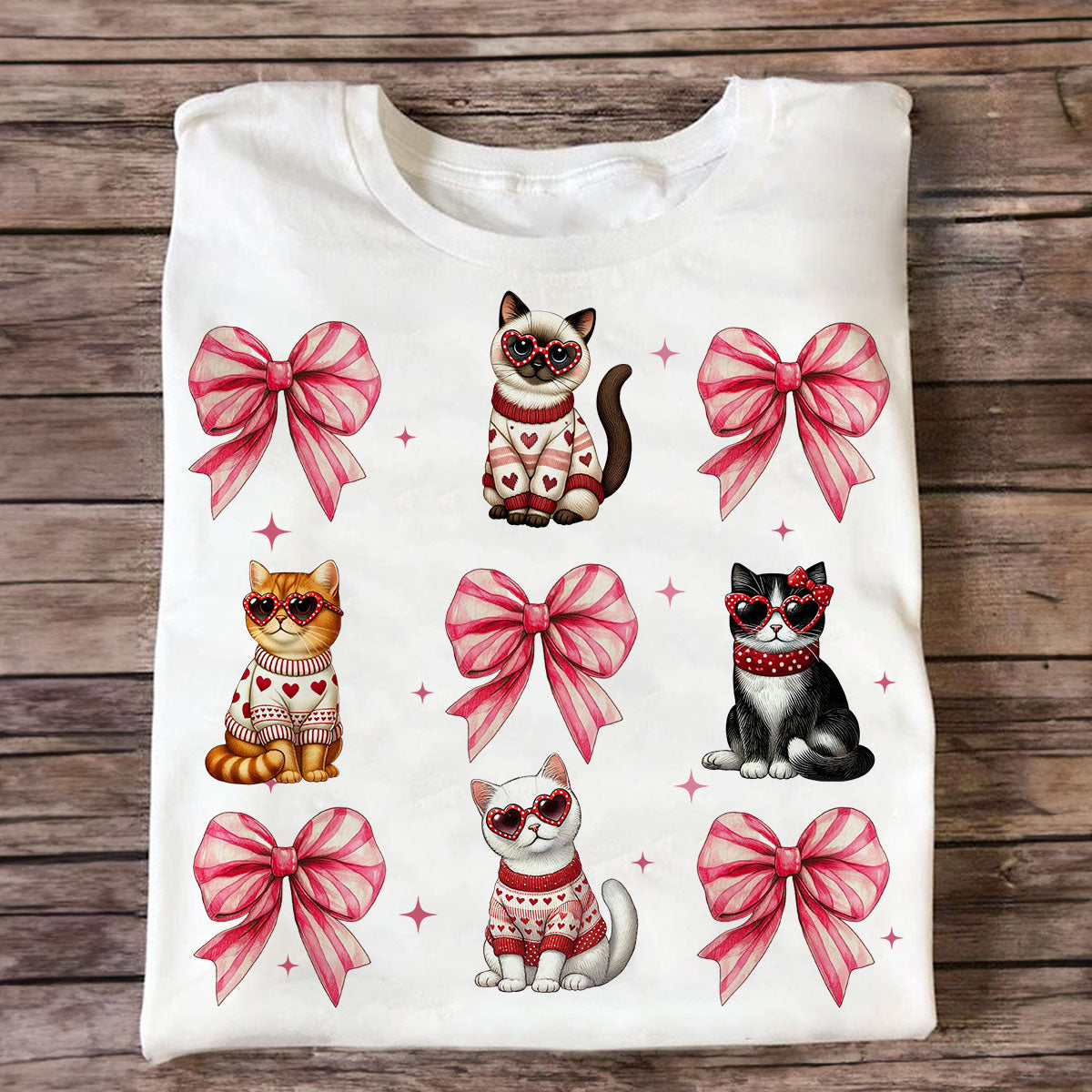 Cat Pink Coquette Heart Love Cat Personalized Shirt, Trendy  Cat Lover Tee, Gift for Cat Moms — White