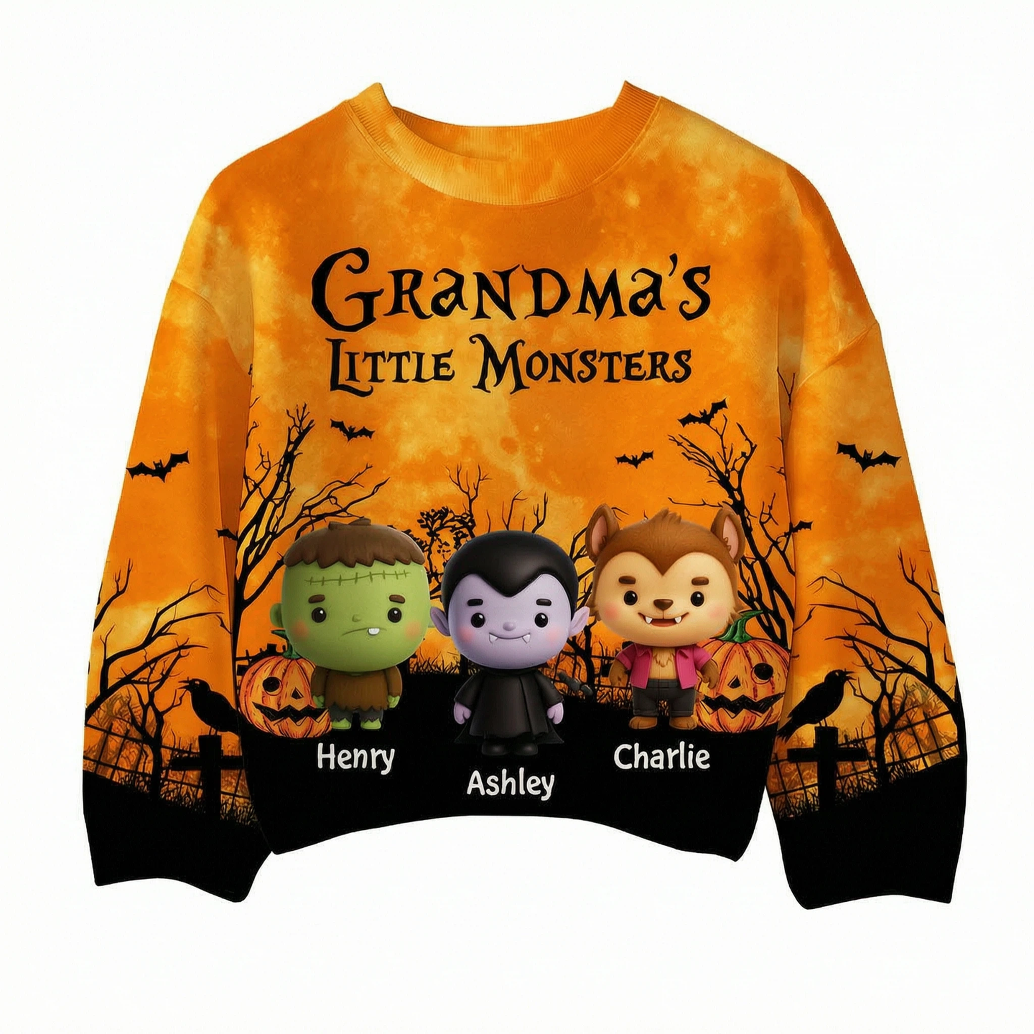 Grandma Mom Little Monsters Halloween Moon Light Bat Tree Personalized 3D Sweat Shirt, Purrfect Costume for Grandma