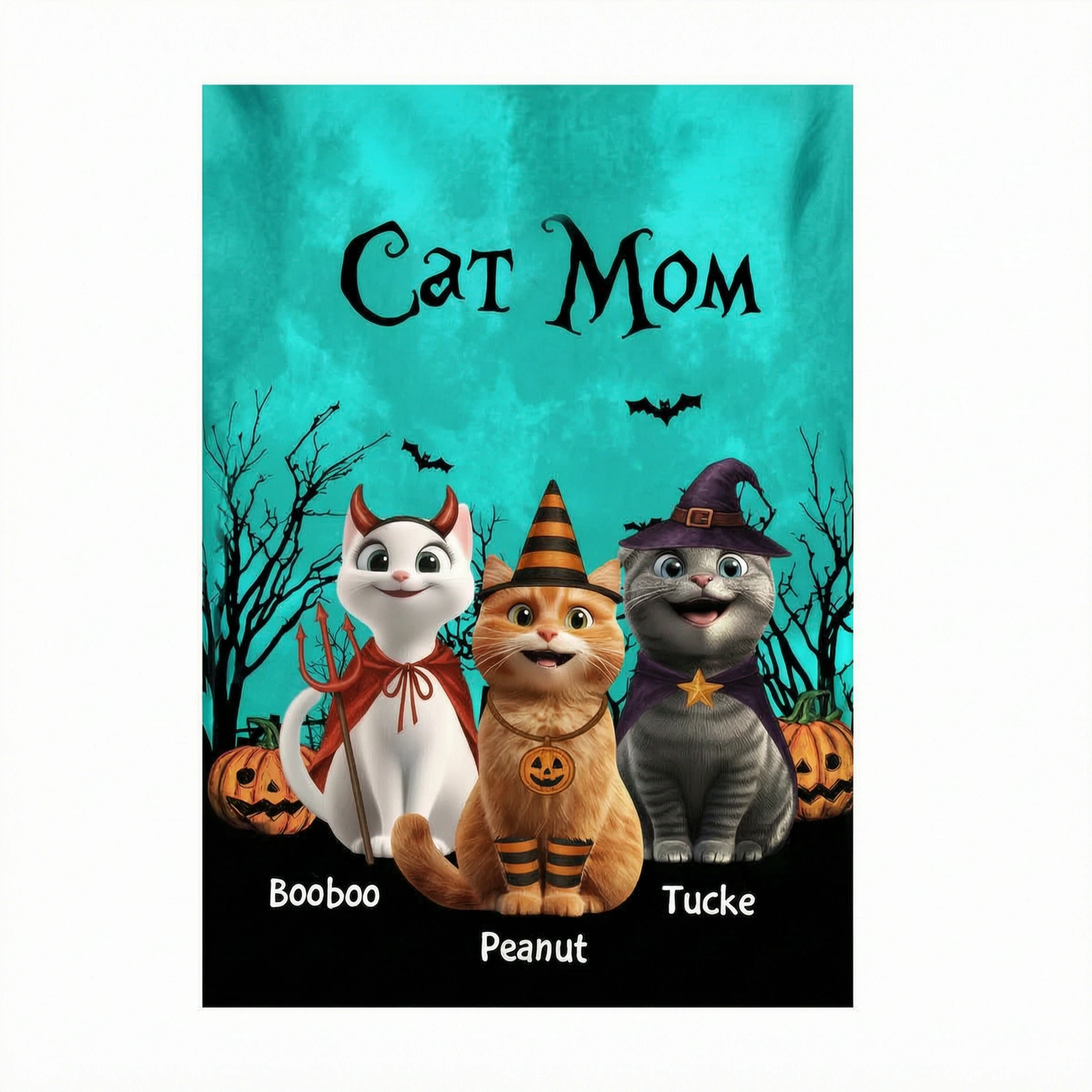 Cat Mom Halloween Moon Light Bat Tree Cartoon Cat Personalized Shirt, Purrfect Costume for Cat Lover