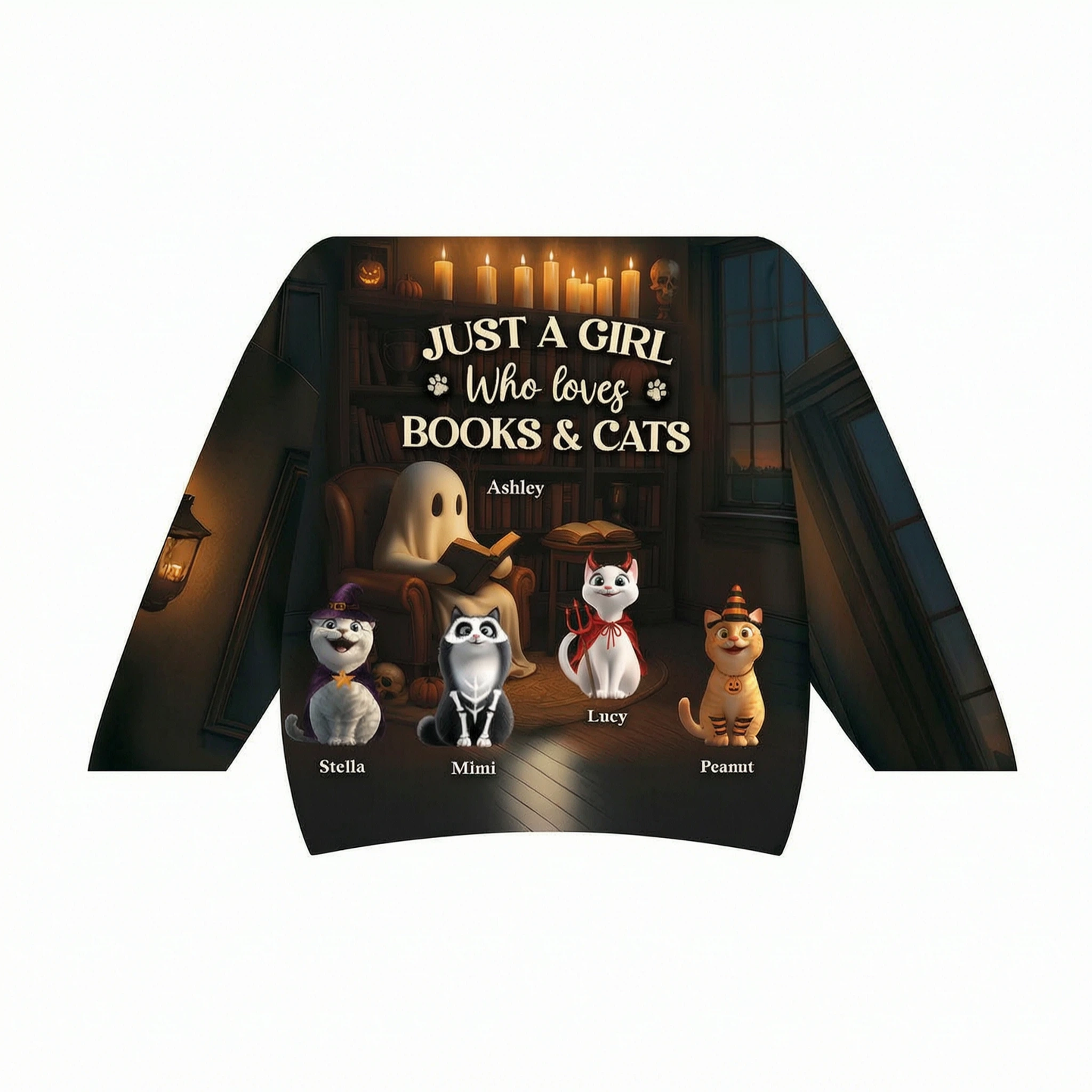 Just a Girl Who Loves Books and Cats Halloween Personalized Sweatshirt, Cozy Fall Sweatshirt for Cat Moms
