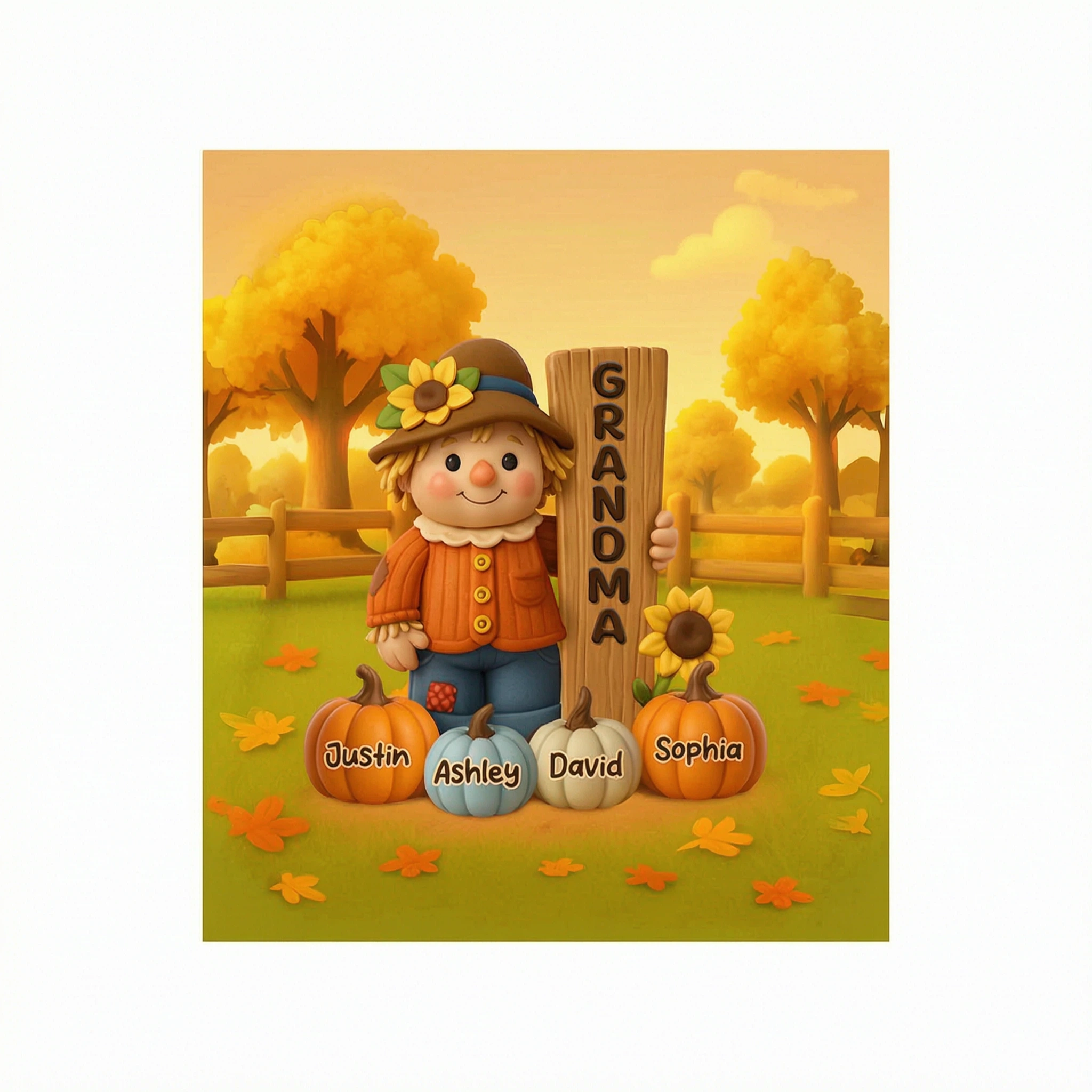 Grandma Scarecrow Standing Grandkids Pumpkins 3D Effect Personalized Sweatshirt
