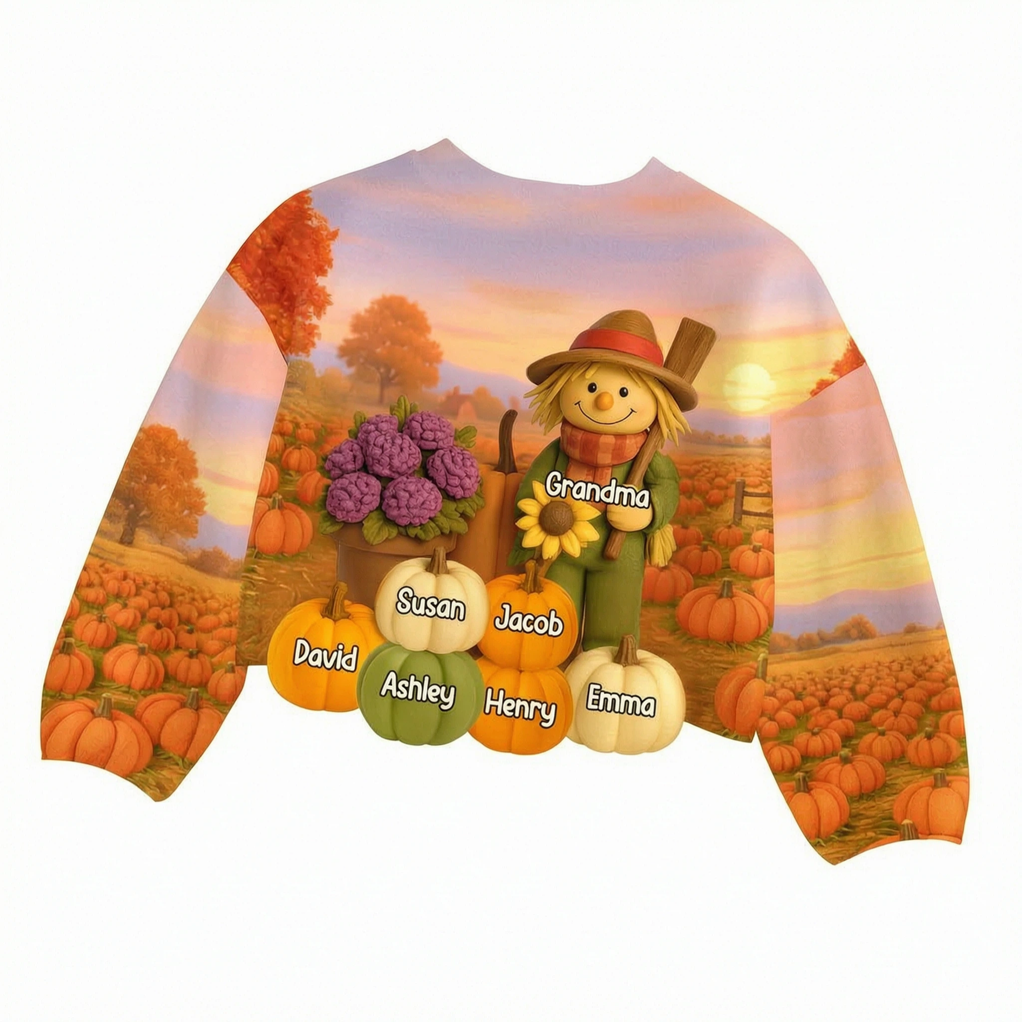 Fall Scarecrow Grandma with Pumpkins Grandkids Names 3D Effect Personalized Sweatshirt