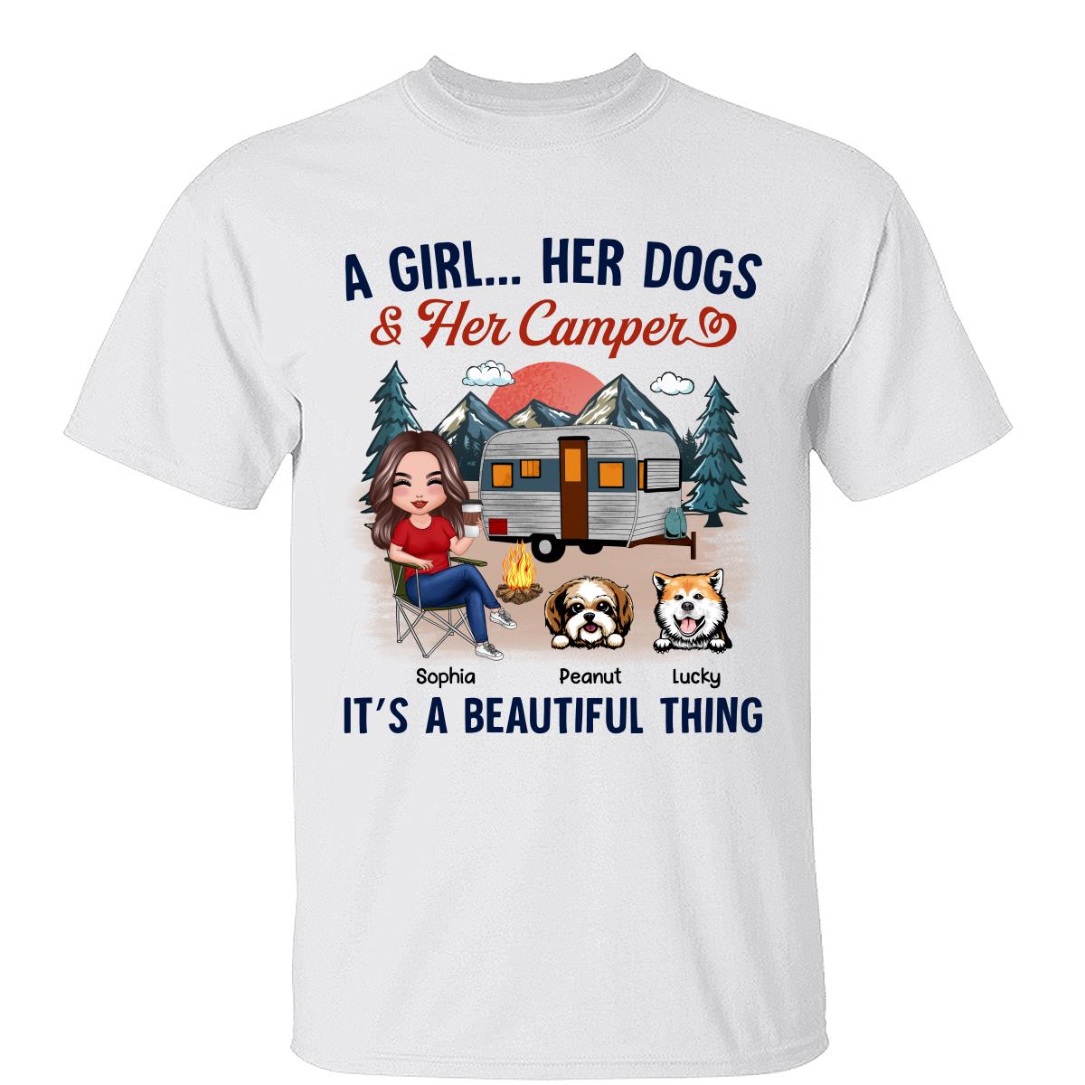 A Camping Girl And Her Dog Retro Personalized Shirt — White