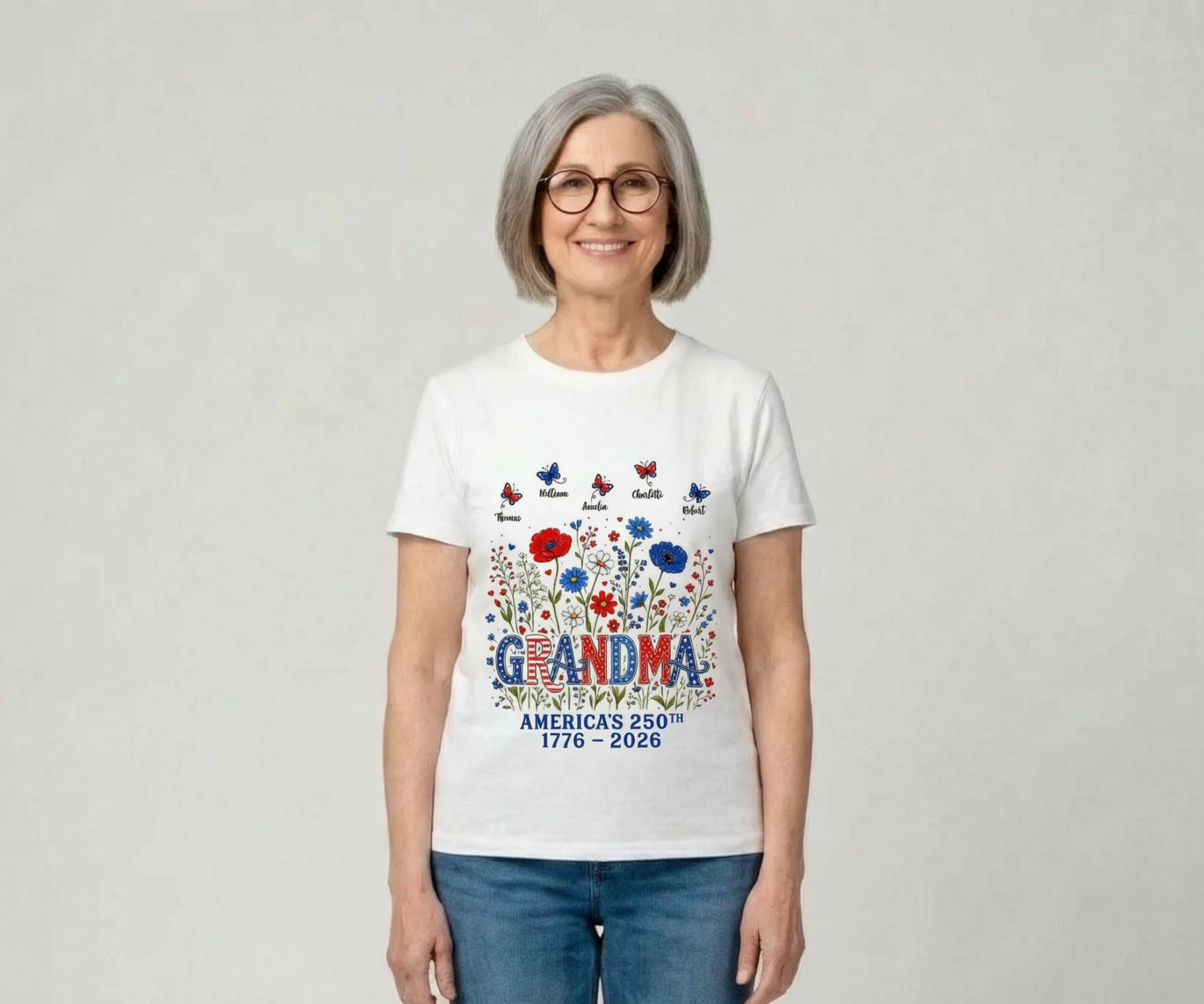 Fière Maman Grand-mère Fleurs Drapeau National 250e Anniversaire Américain - T-shirt Personnalisé - Cadeau Pour Maman, Grand-mère — Blanc
