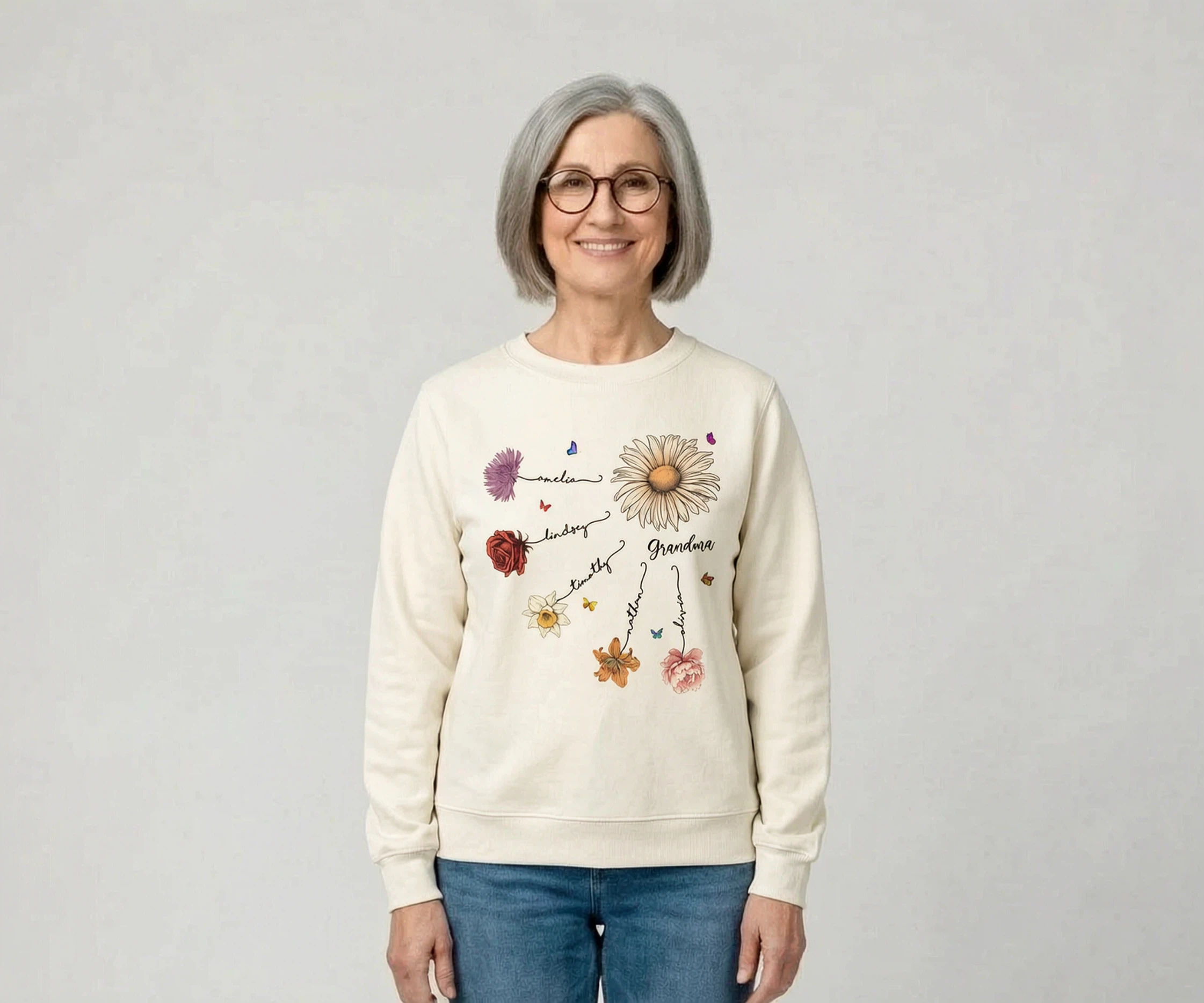 T-shirt personnalisé fleurs de naissance maman grand-mère, cadeau pour maman, pour grand-mère — Sable