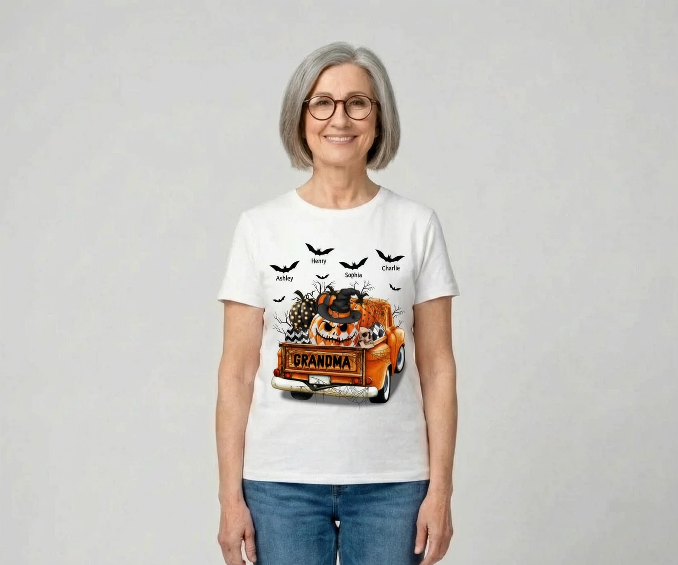 Mamie Maman Halloween Citrouilles à motifs Camion T-shirt Personnalisé — Blanc
