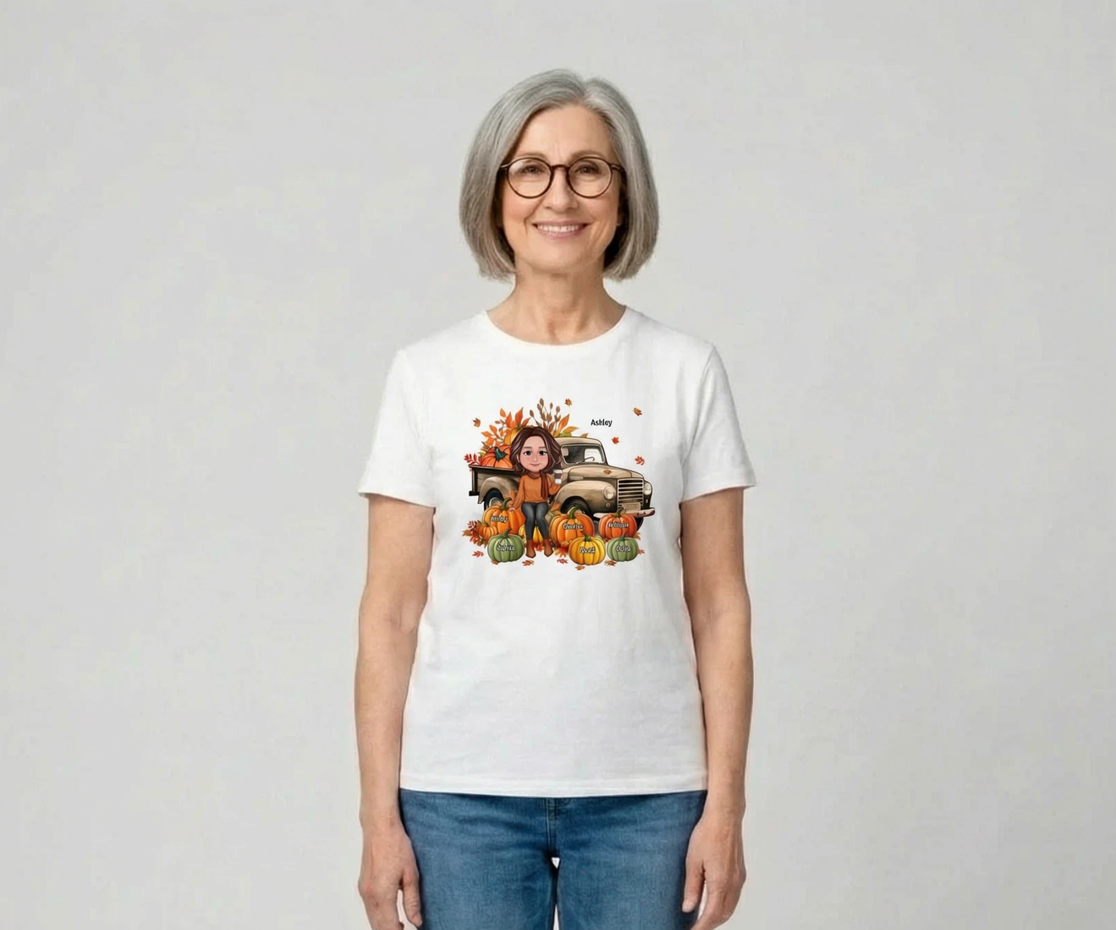 T-shirt personnalisé Camion à motif bois Grand-mère Maman Citrouilles — Blanc