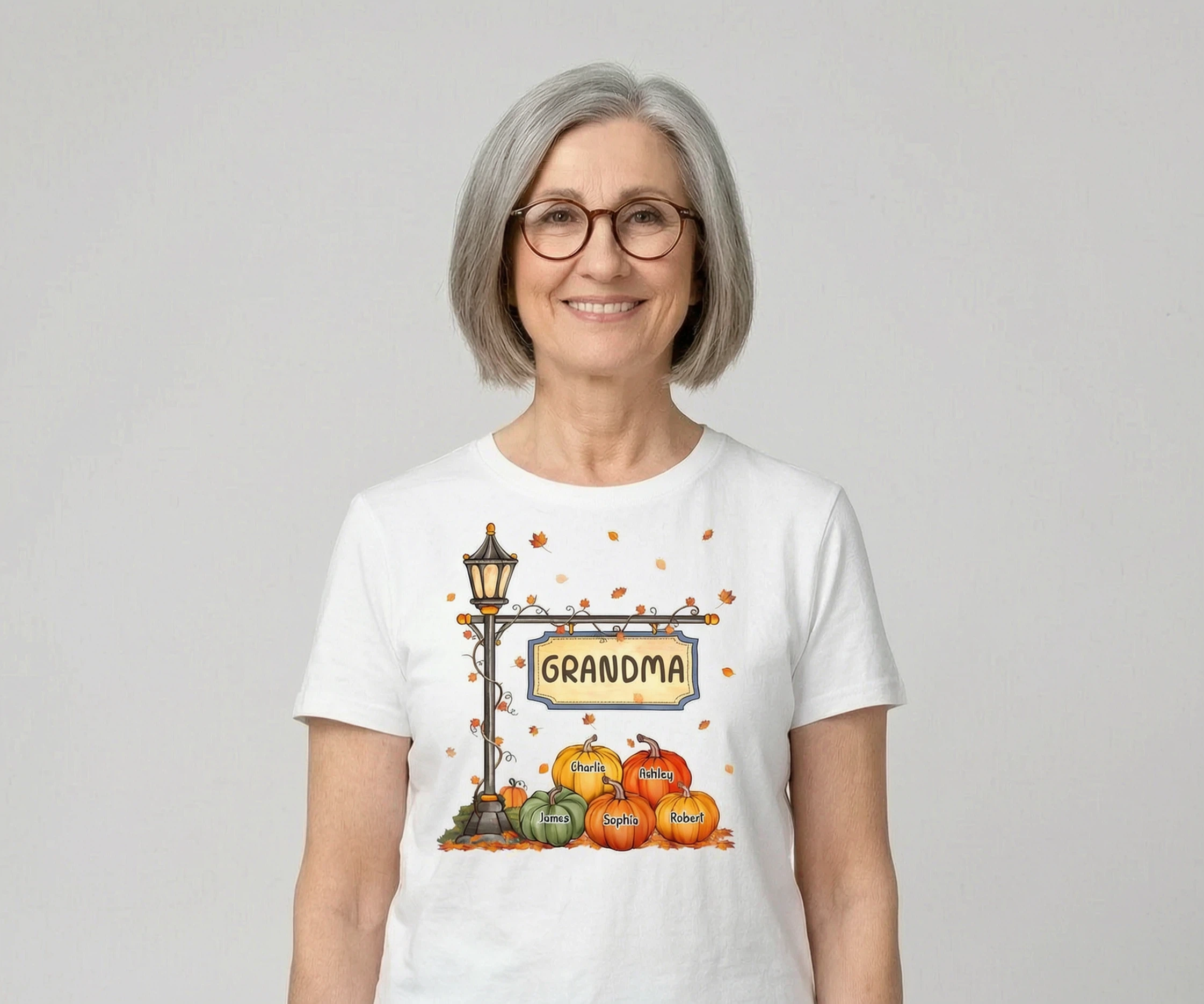 Saison d'automne Grand-mère Maman Lampadaire Citrouilles T-shirt personnalisé — Blanc
