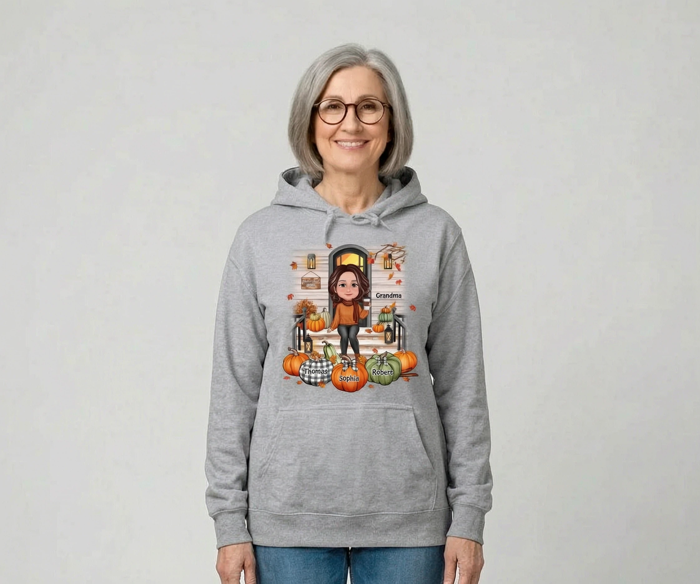 T-shirt personnalisé Automne Grand-mère Maman Porche avant Citrouilles — Sport Grey