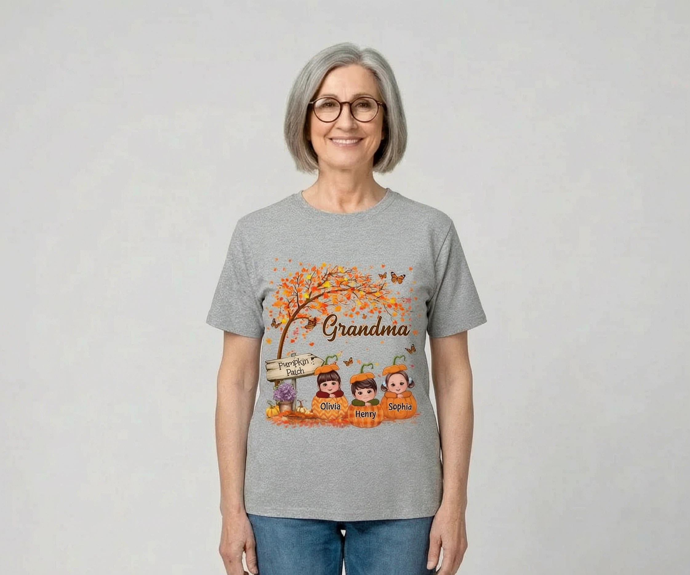 Grand-mère Maman Automne Enfants Allongés Sur Des Citrouilles T-shirt Personnalisé — Sport Grey