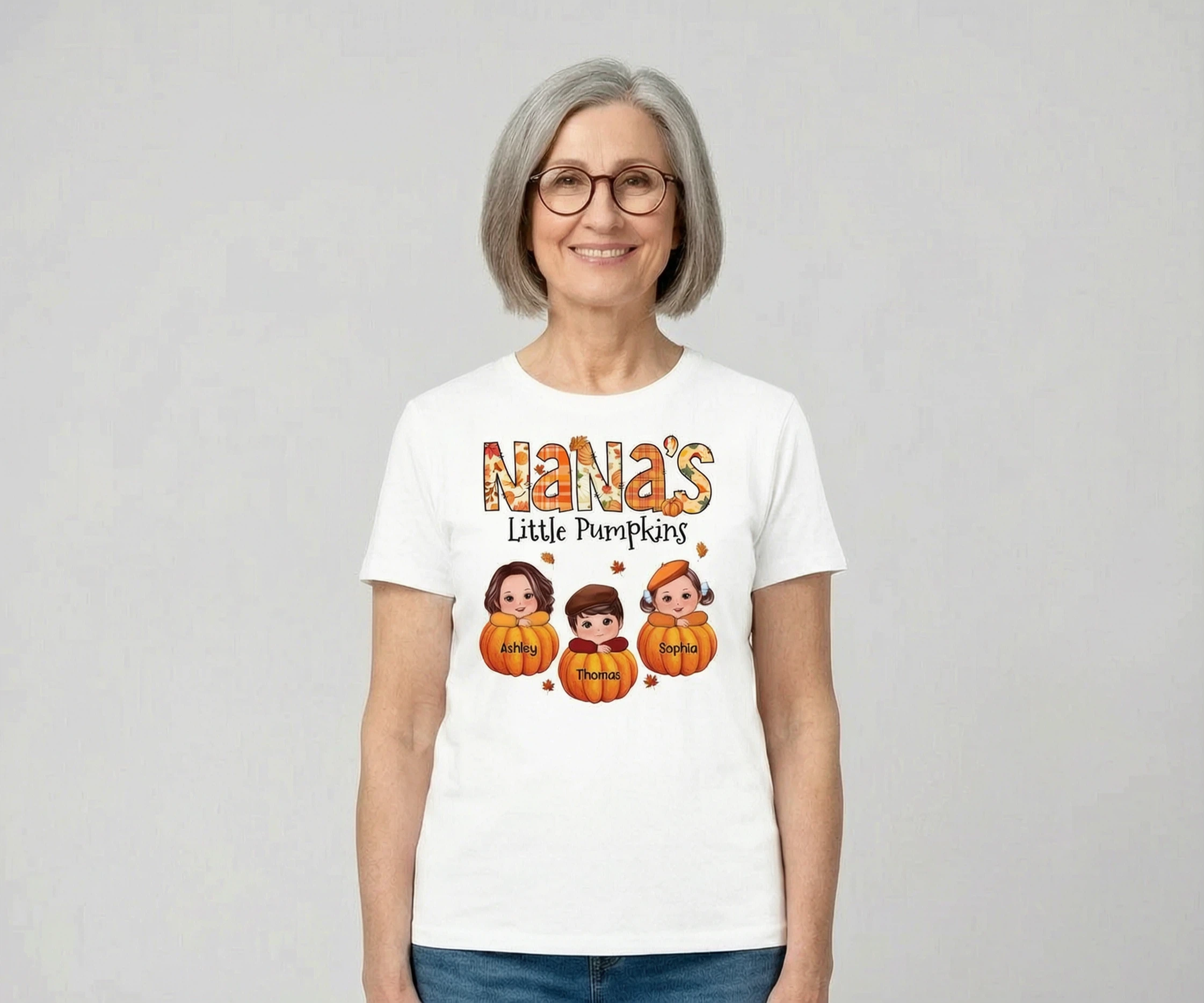 Mamie Petites Citrouilles Motif d'Automne Enfants sur Citrouilles T-shirt Personnalisé — Blanc
