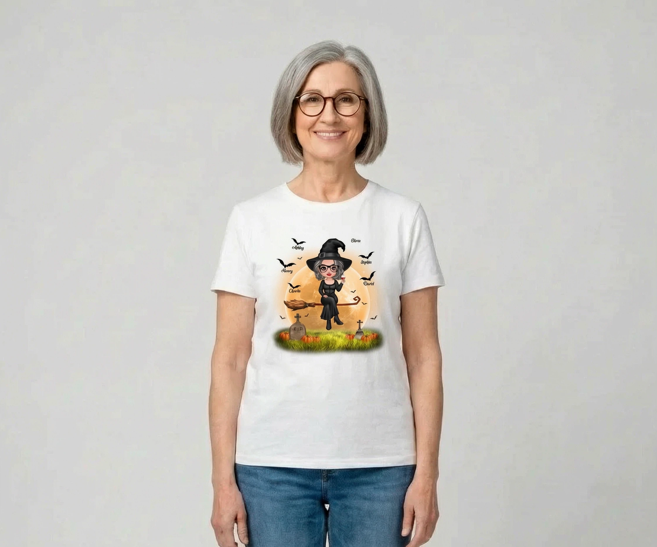 Halloween Mamie Maman Sorcière Fond de Lune T-shirt Personnalisé — Blanc