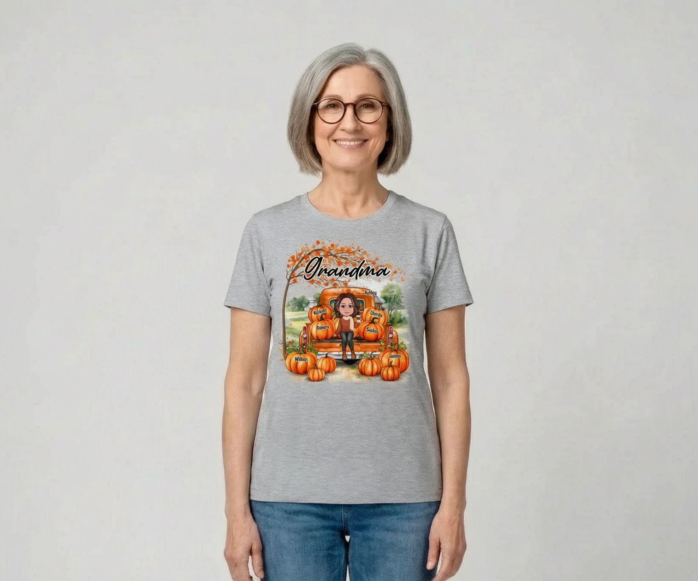 Paysage d'Automne Camion Citrouilles Sous Un Arbre Mamie Maman T-shirt Personnalisé — Gris Sport