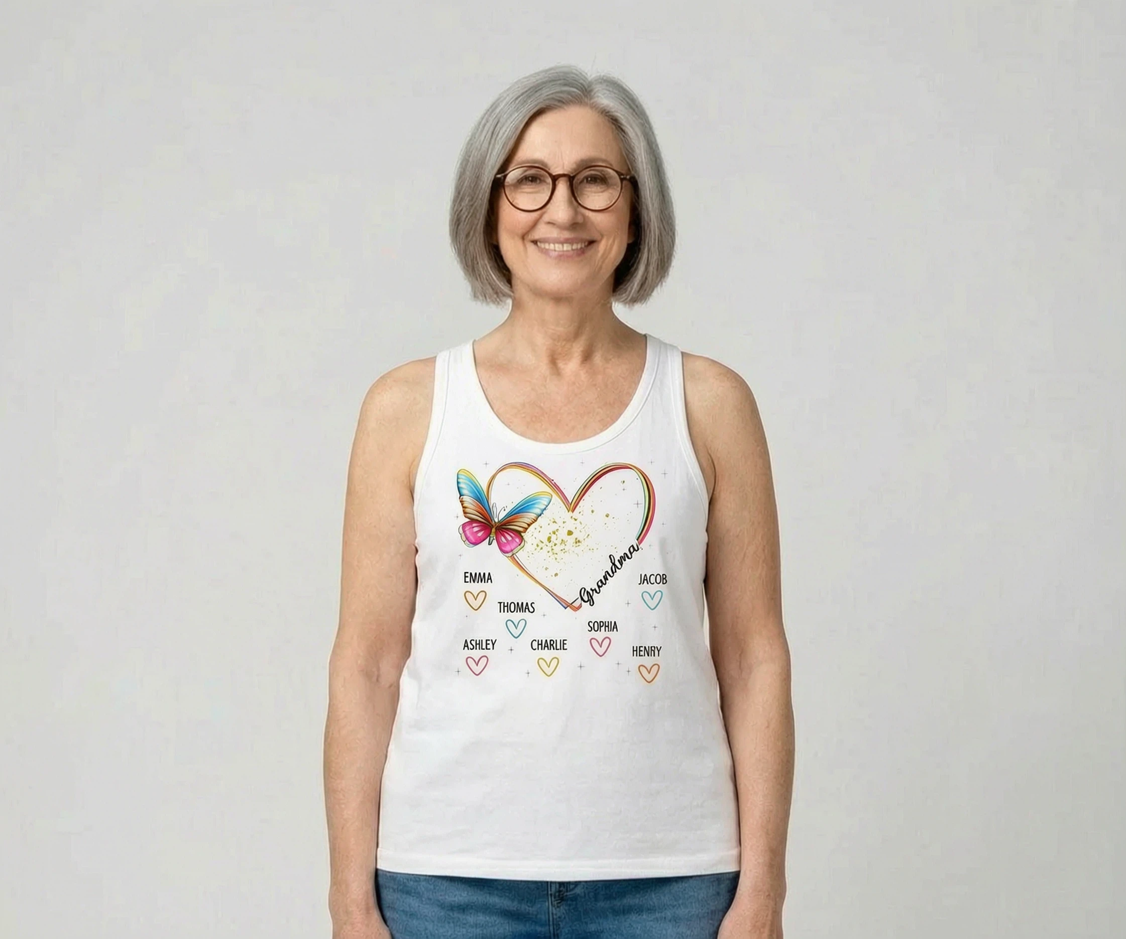 Enfants Se Tenant La Main Floral Boho - Débardeur Personnalisé - Cadeau Fête Des Mères Pour Maman Grand-mère — Blanc