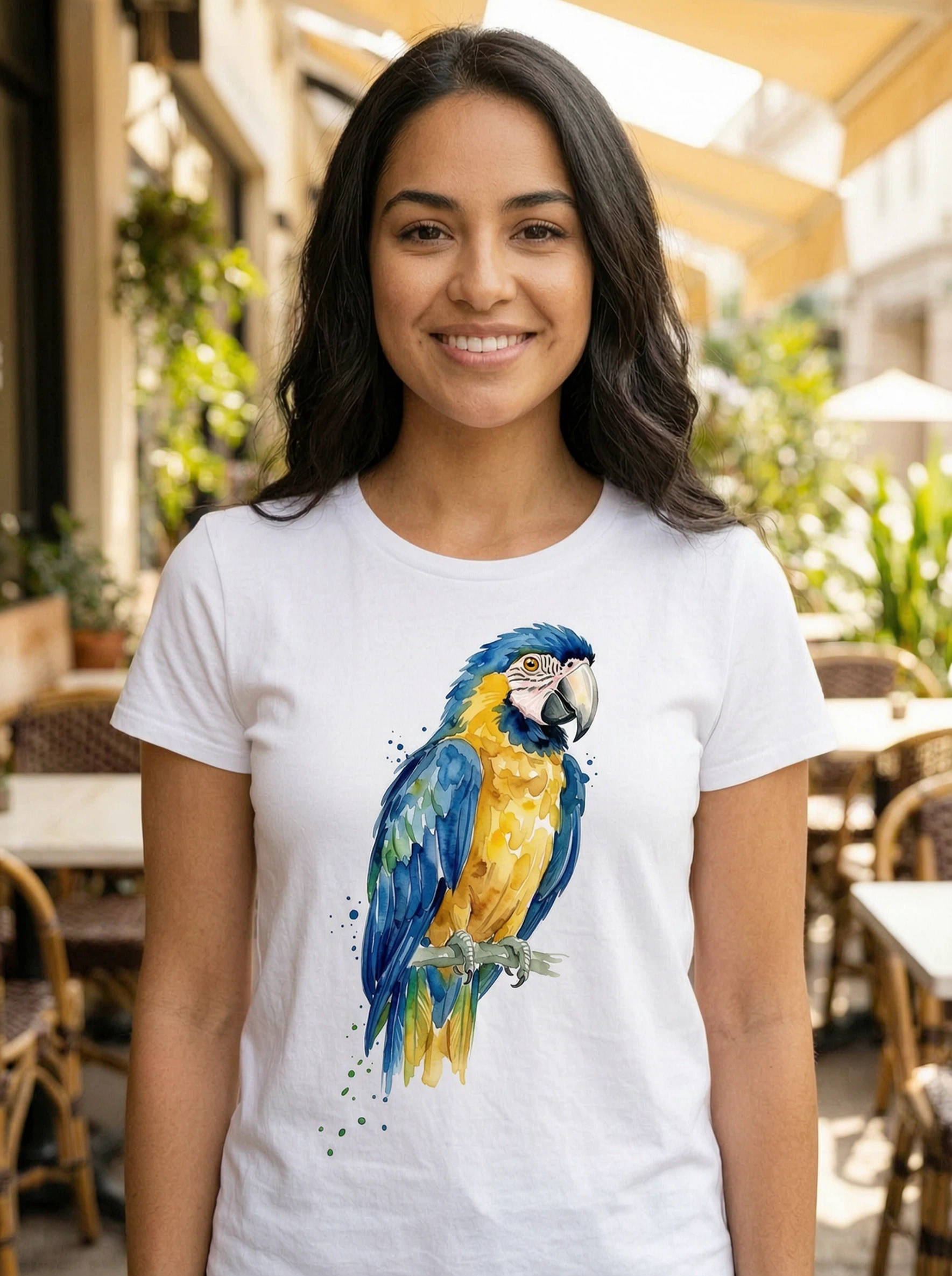 T-shirt Aquarelle Ara Bleu & Or - T-shirt Artistique pour Amateur de Perroquets