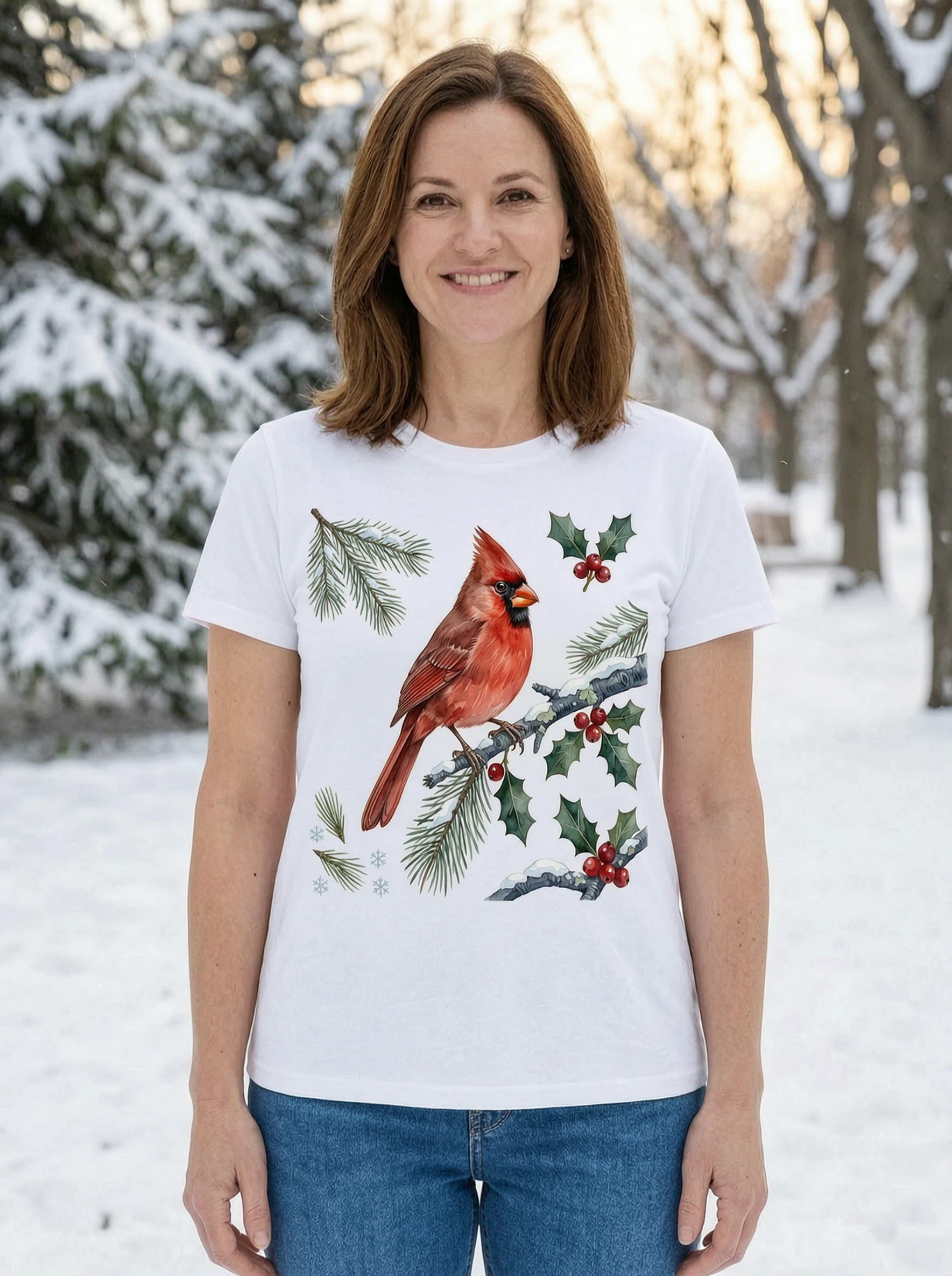 T-shirt Cardinal sur branche de houx - T-shirt Art Oiseau de Jardin d'Hiver